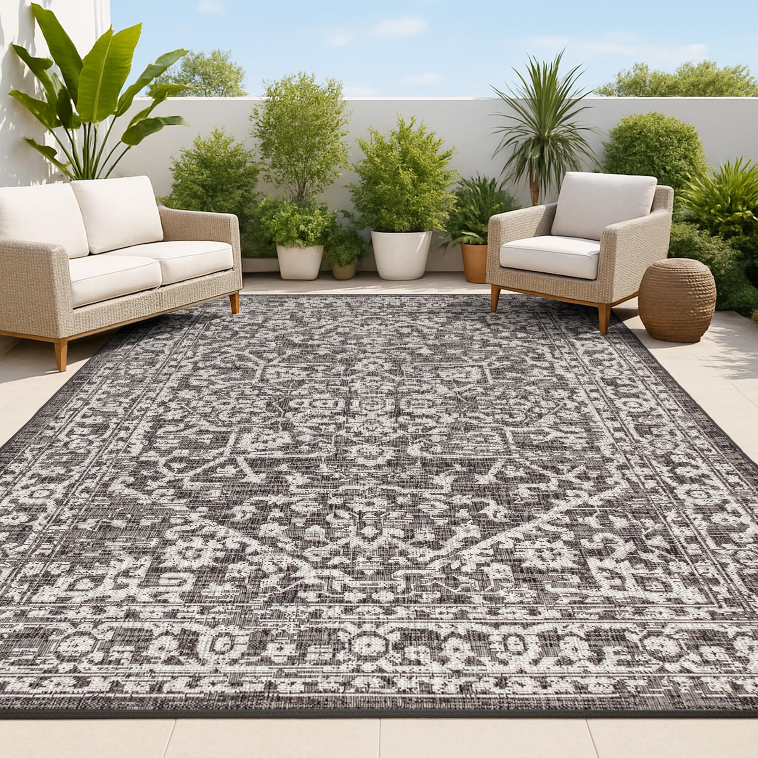 JONATHAN Y Boho Medallion Indoor Outdoor Area Rug 8X10 Black/Gray, Malta Textured Weave for Backyard
