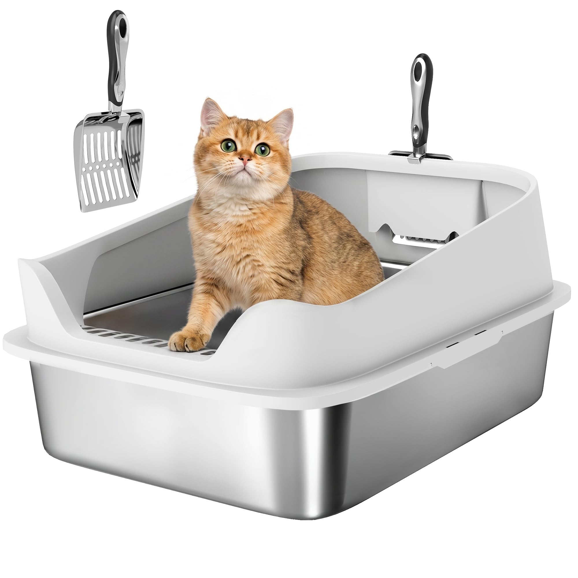 PawHut XL Cat Litter Tray Stainless Steel, Cat Litter Box High Sided with Metal Litter Scoop, Never Absorbs Odors, Anti 
