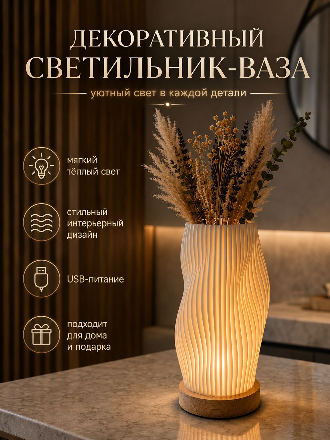 Настольная лампа-ваза декоративная с теплым светом, LED-светильник USB, ночник для дома