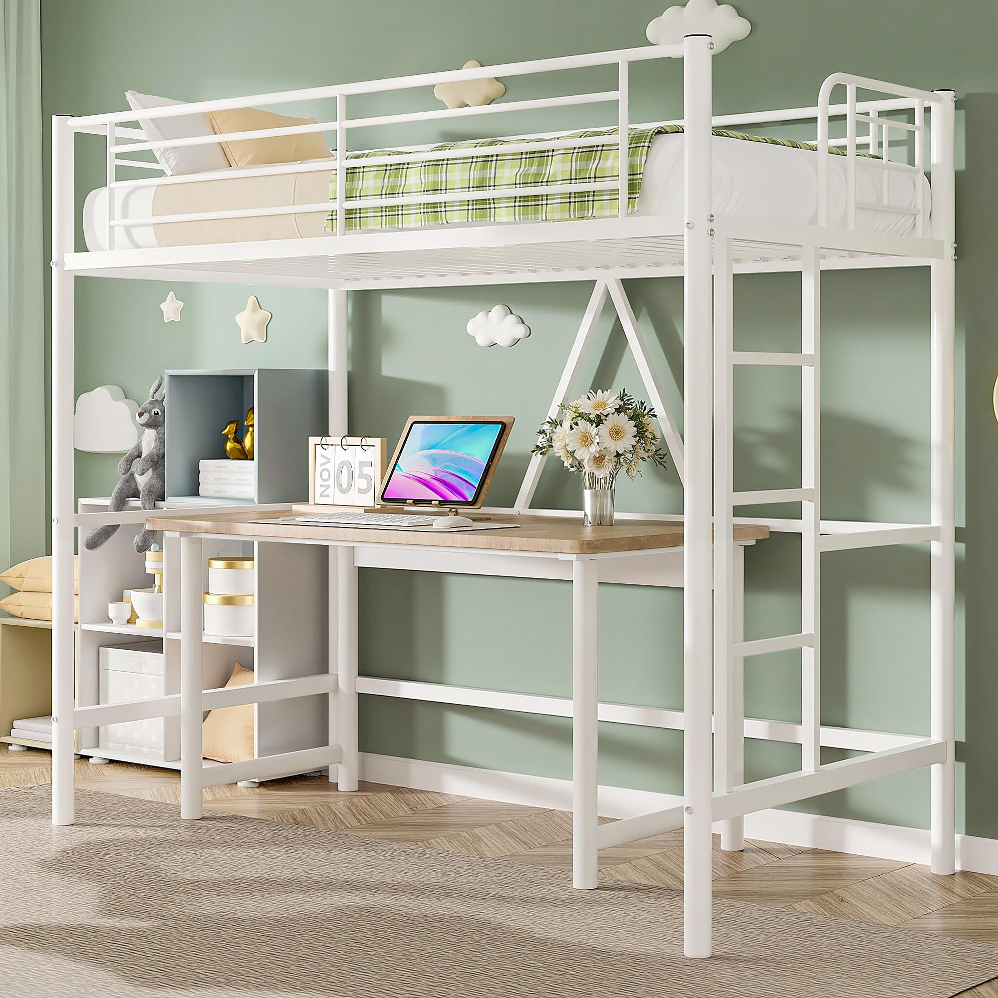 VECELO Metal Bunk Bed Single Size, High Sleeper Bedframe 90×190cm with Removable Ladder and Safety G
