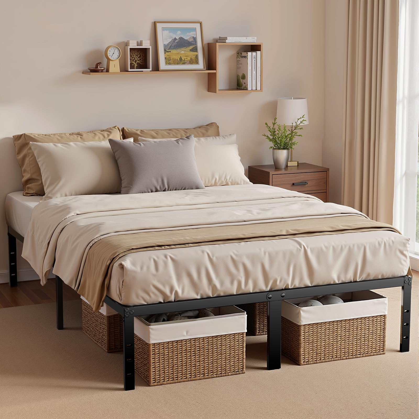 Warmiehomy 36CM Double Bed Frame, 135 x 190CM Metal Platform Bed Frame with Underbed Storage,Heavy D