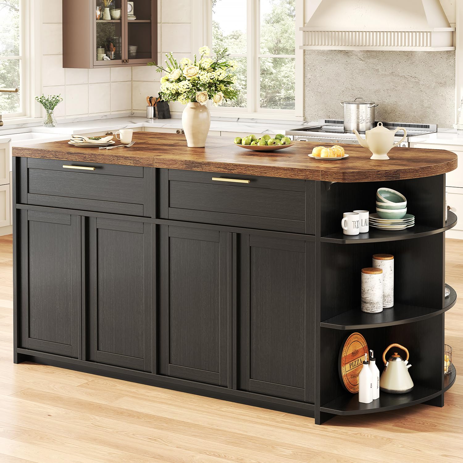 HSH 63 Inch Large Kitchen Island with Storage and Seating, Rustic Brown | Stationary Island Table wi