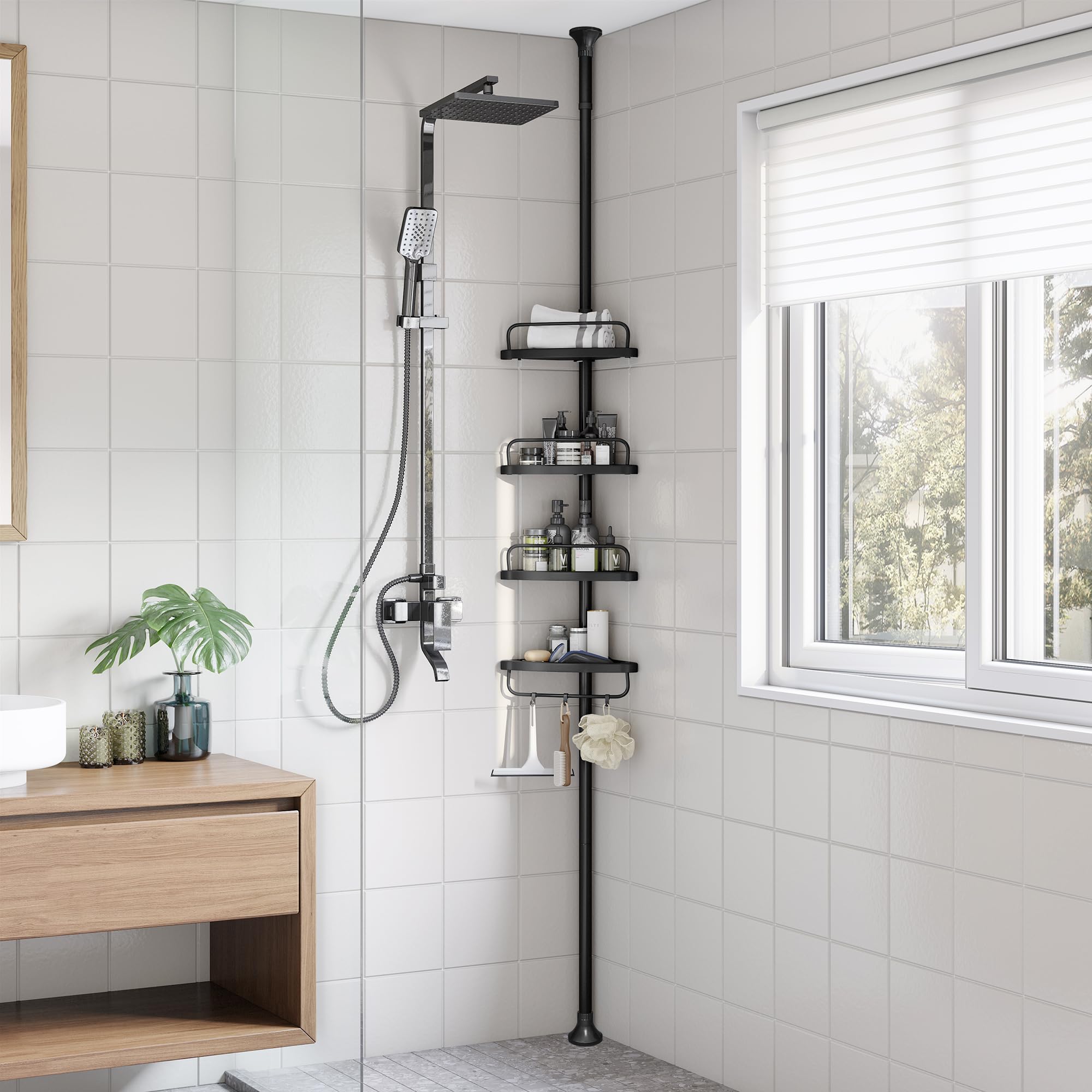 SONGMICS Shower Corner Shelf, 4-Tier Bathroom Shower Shelf, 85-305 cm Adjustable Shower Caddies, Bathroom Organiser, Bla