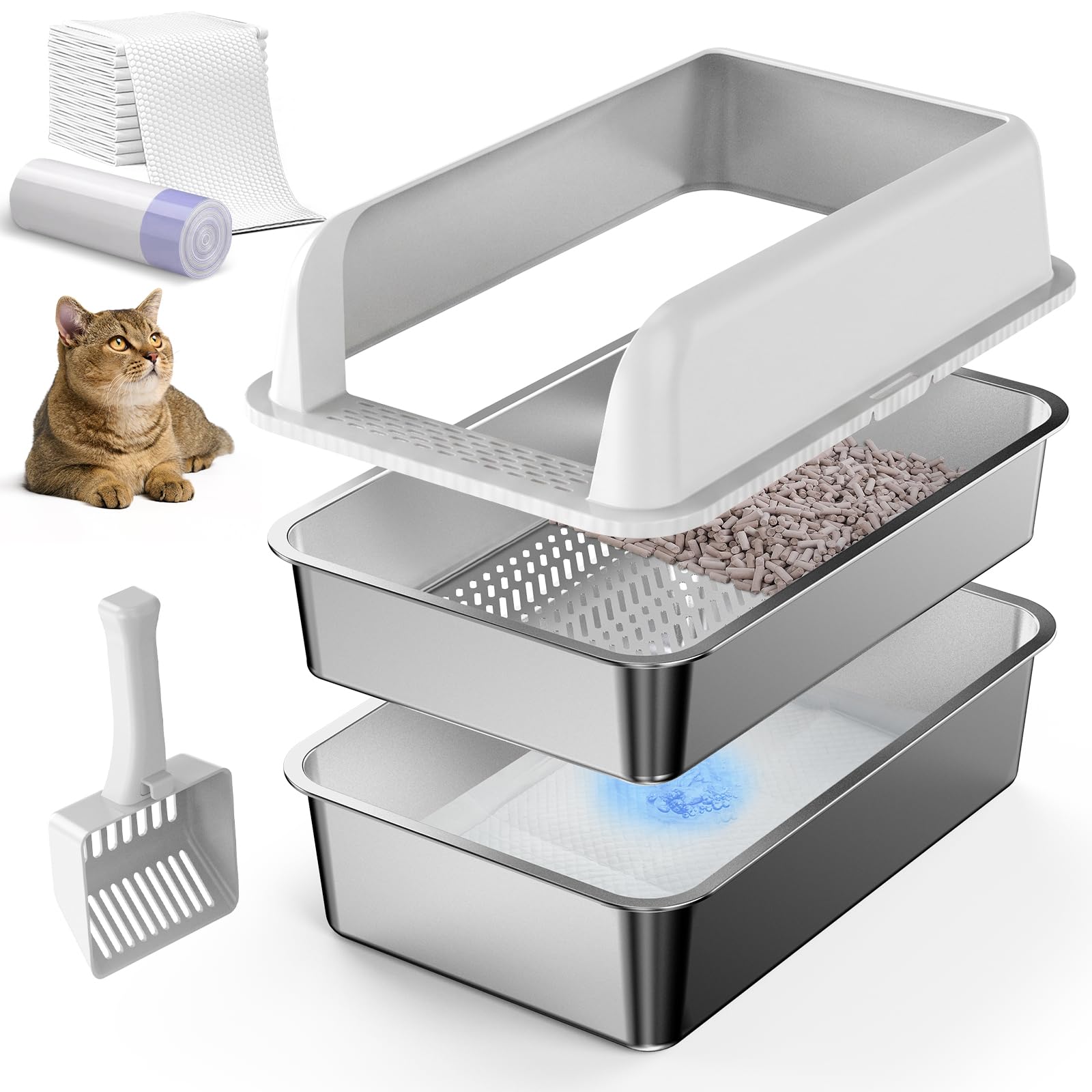 22.6''x14.5''x12'' Enclosed Stainless Steel Cat Litter Tray with Lid, XL Sifting Litter Box for Pine