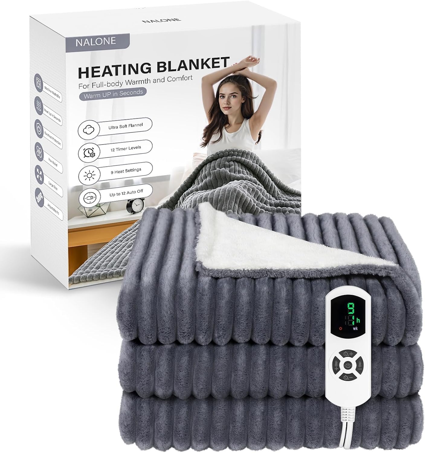 NALONE Electric Blanket Heated, Heated Throw Blanket Soft Flannel 160 * 130CM,12 Heat Levels & Up-to-9-Hours Auto-Off Ti