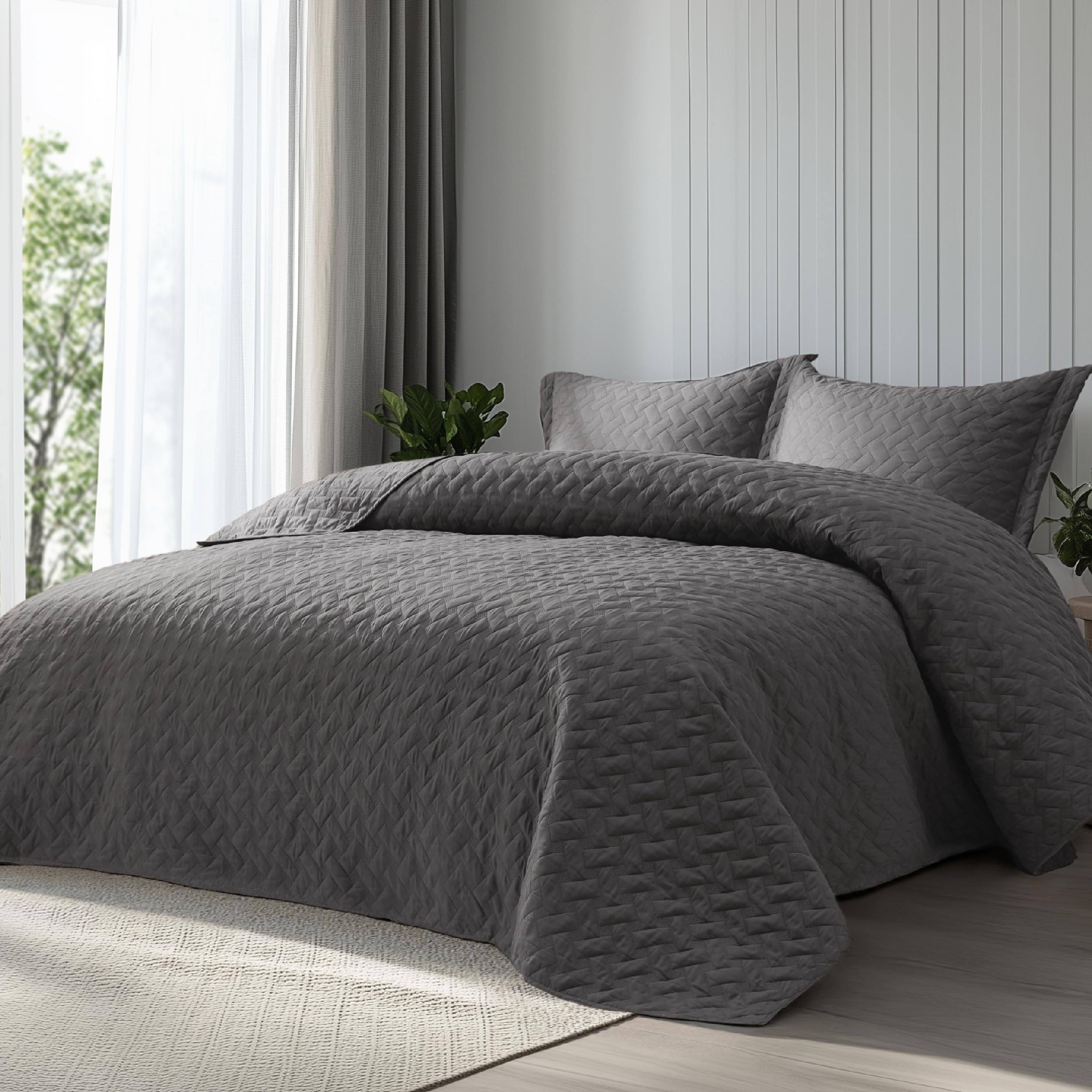 Bedsure Quilts Queen Size - Grey Bedspreads Queen Size with Basket Weave Pattern, Soft Quilt Bedding