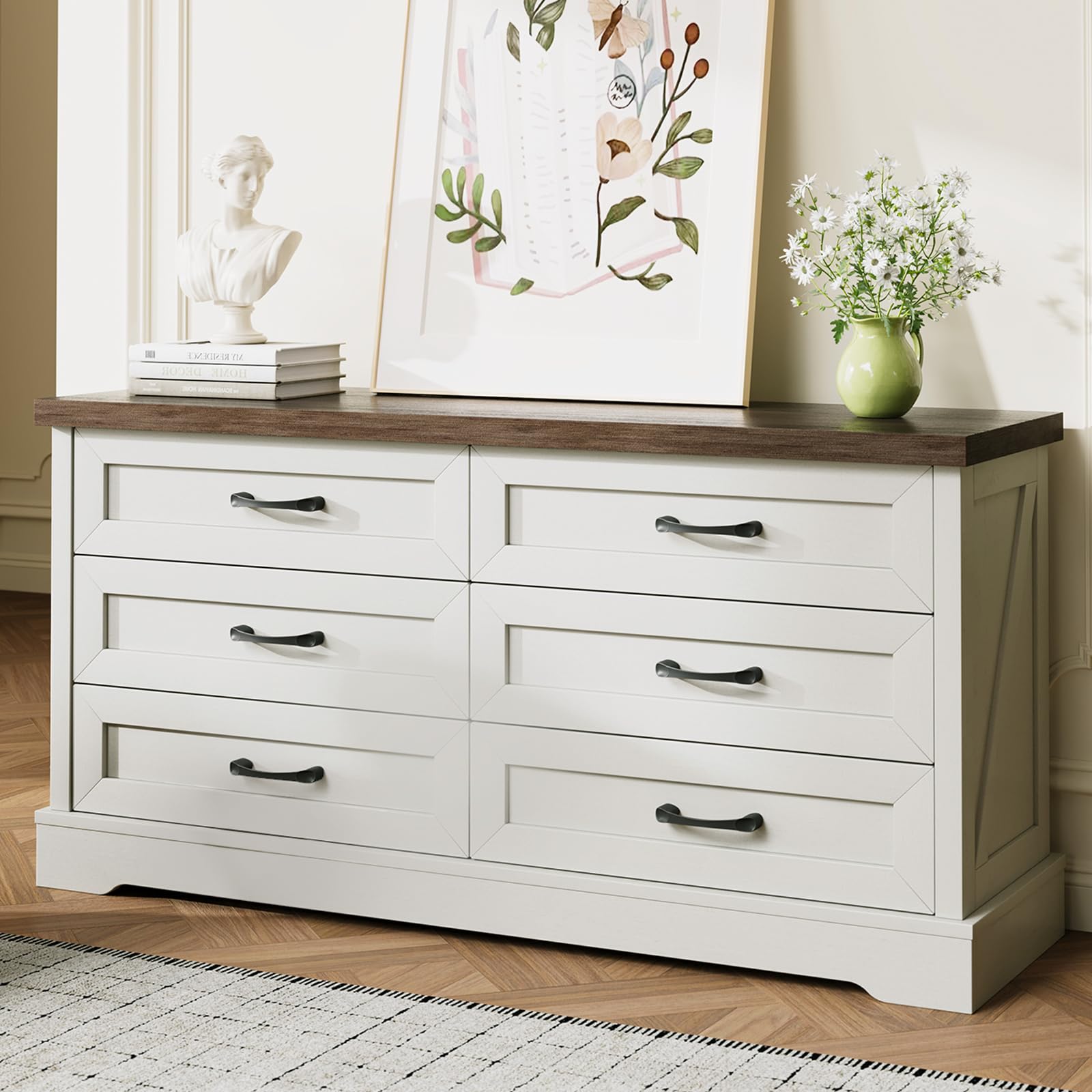 AODK Farmhouse 6 Drawer Dresser for Bedroom, White 59" Wide Engineered Wooden Chest of Drawers with 