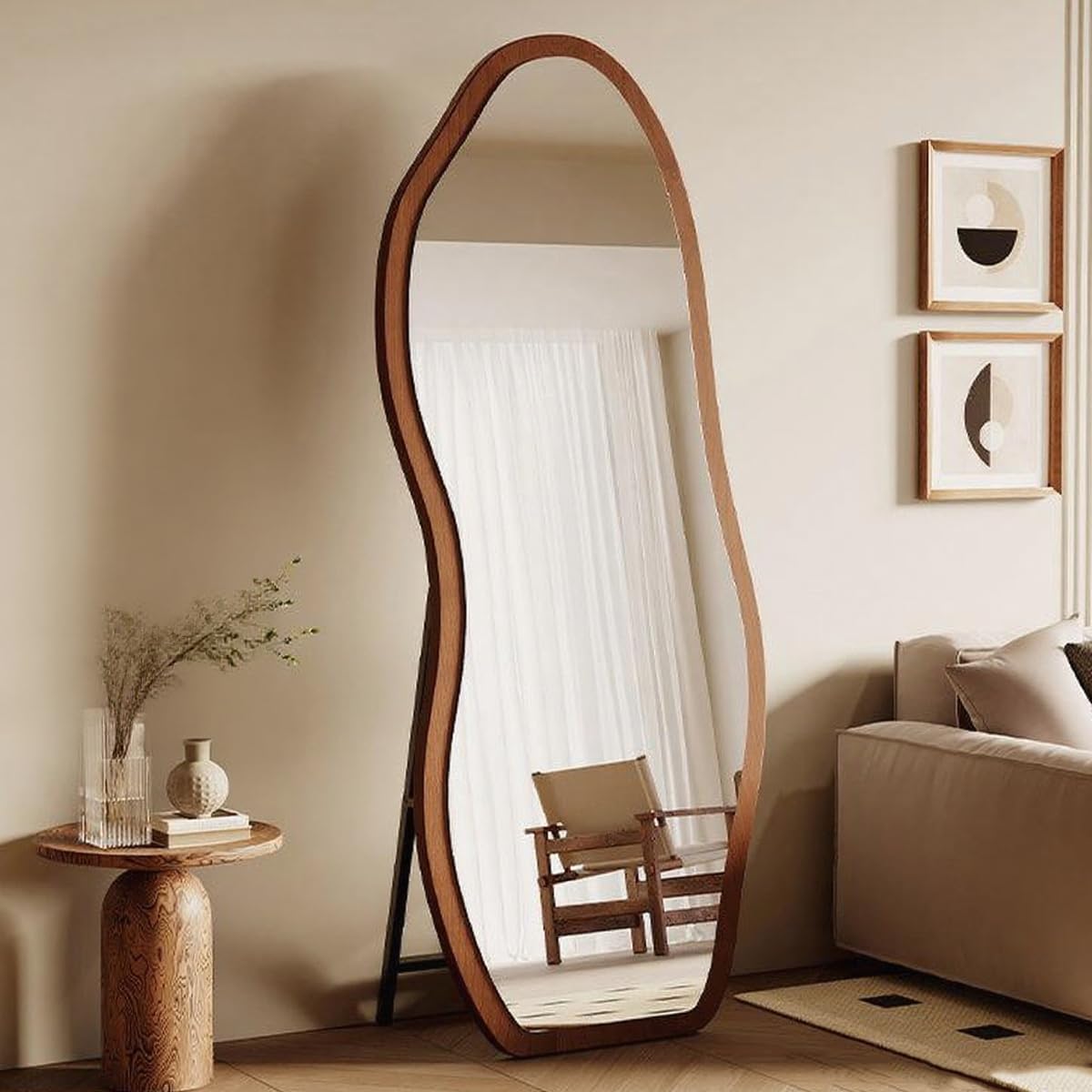مراة ارضية غير منتظمة بطول كامل 160×50 سم من موموهو، مراة قائمة بذاتها باطار خشبي مع حامل، مراة لكامل الجسم قابلة للامال