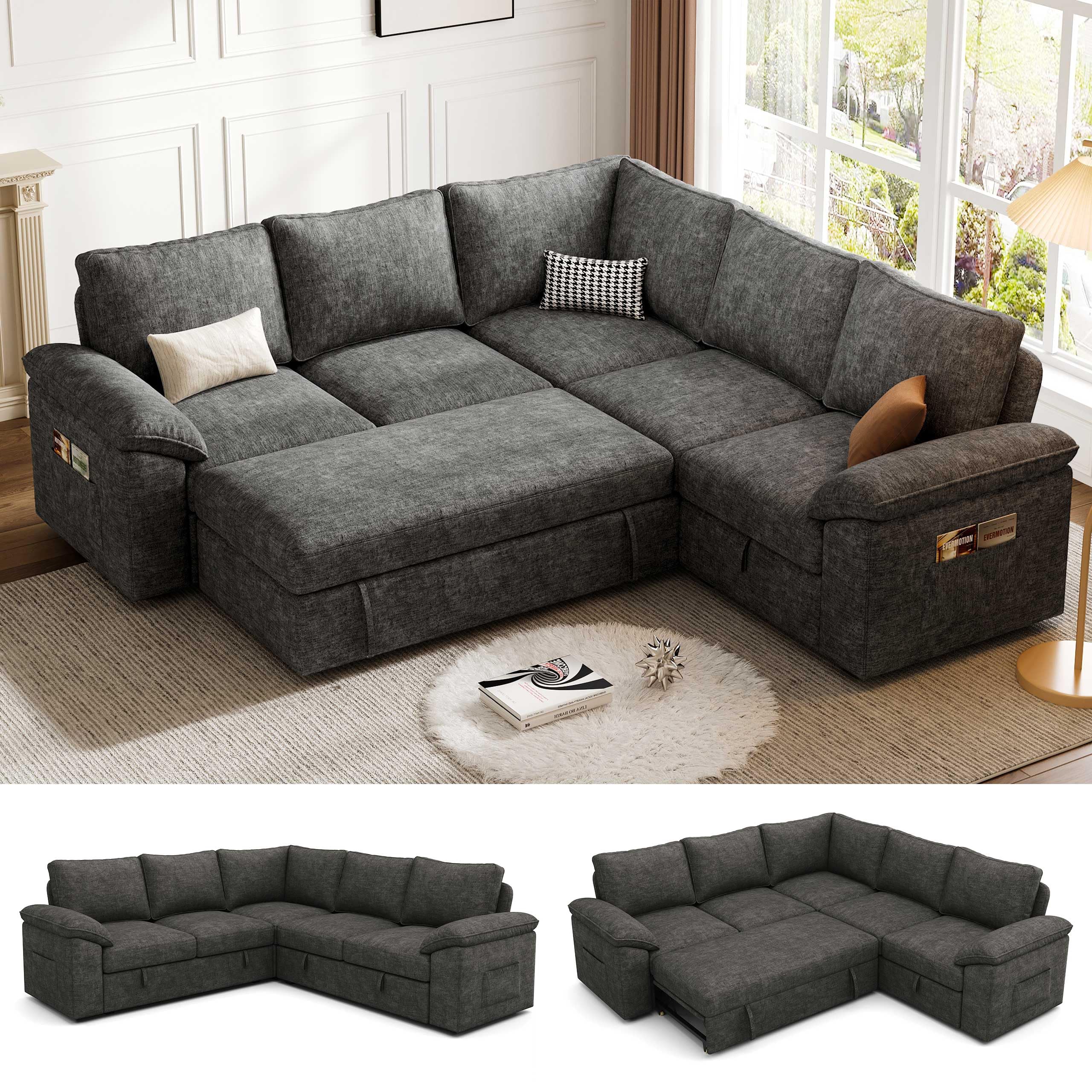 85 Inch Modular Sectional Sofa with Pull Out Bed,L Shaped 5 Seat Sectional Sleeper Sofa with Storage