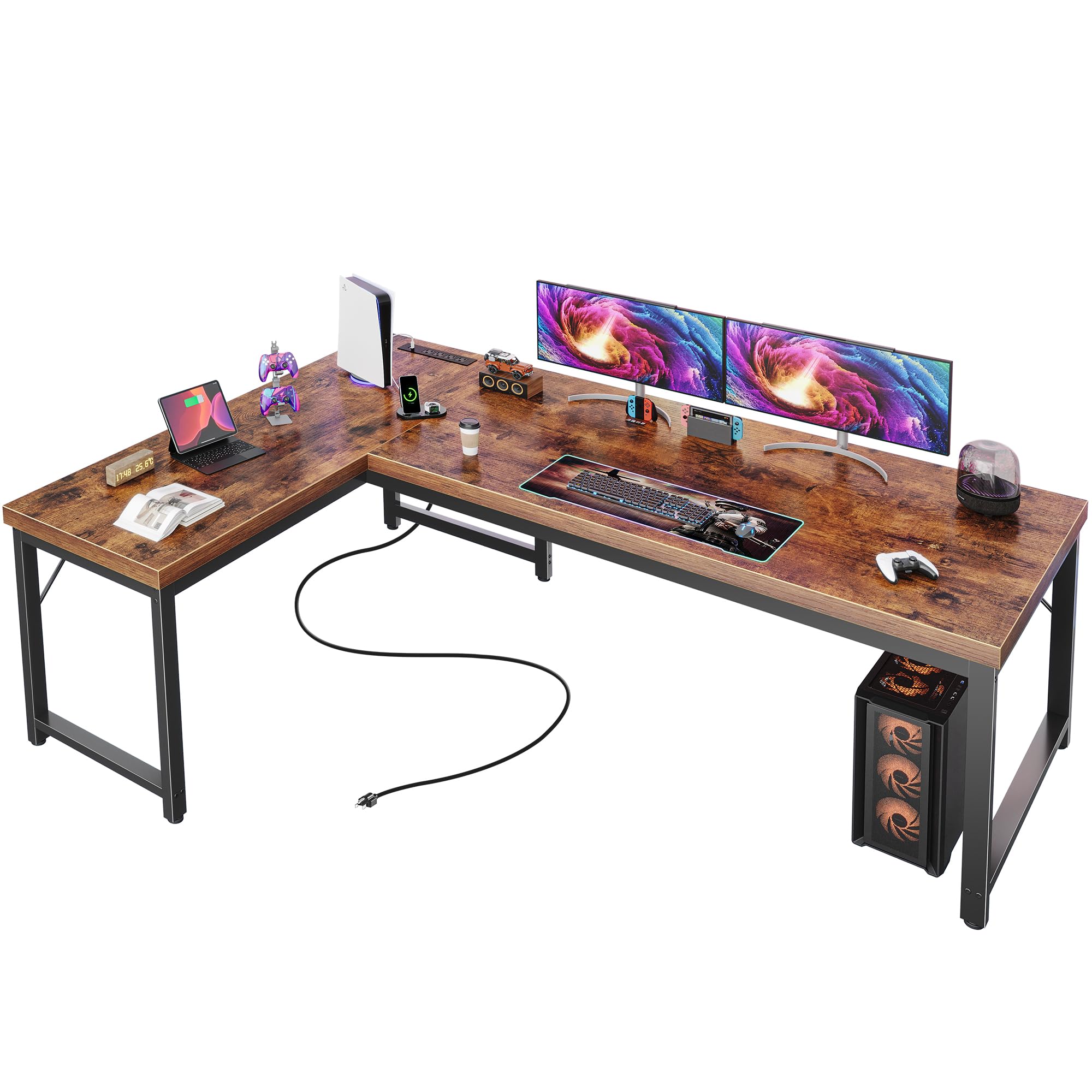 Huuger 63 Inch L Shaped Desk with Power Outlets and USB-C Port, 0.95 Inch Thicker Desktop, Reversibl