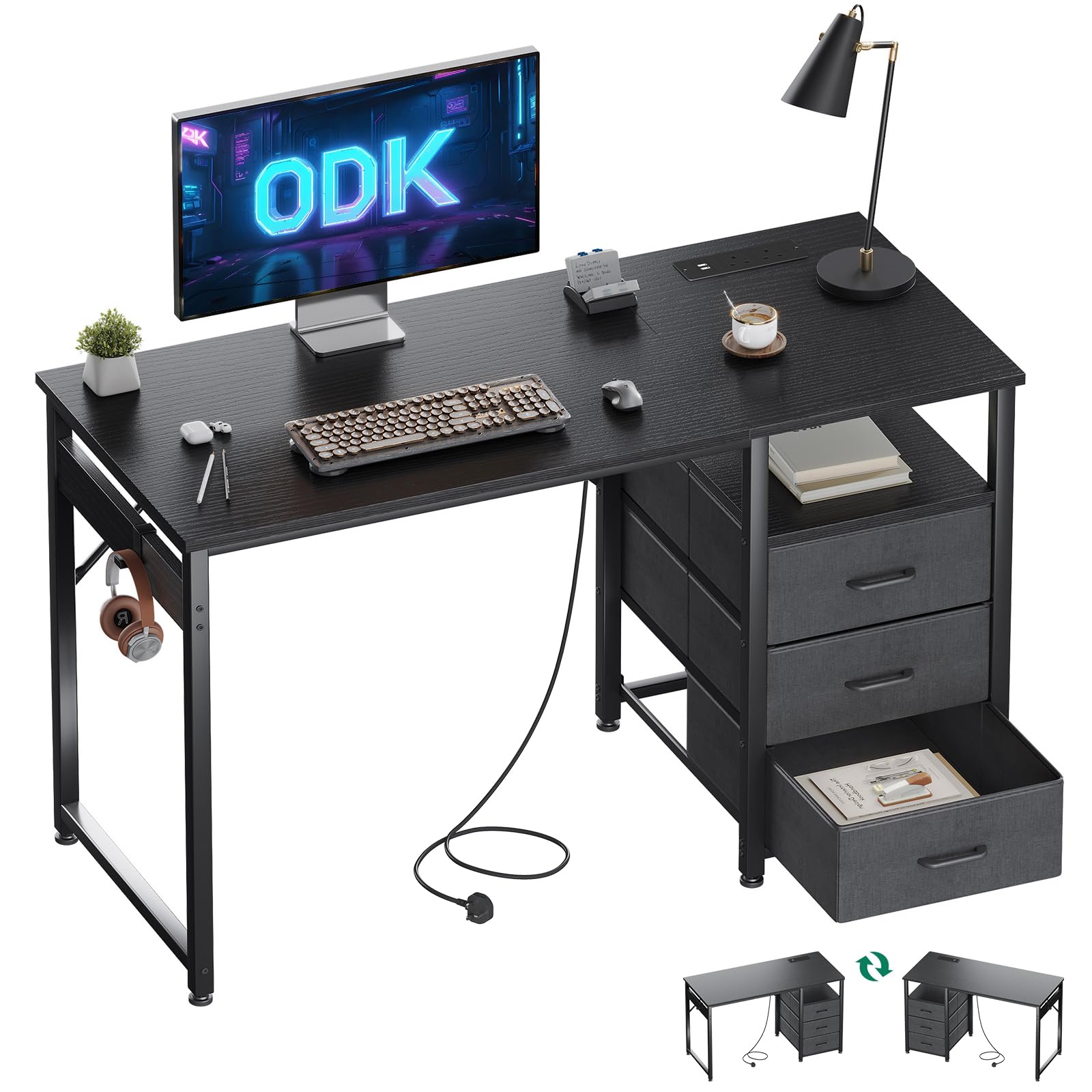ODK 120cm Computer Desk with Drawers, Office Desk with 2 Sockets & USB Ports, Reversible PC Table wi