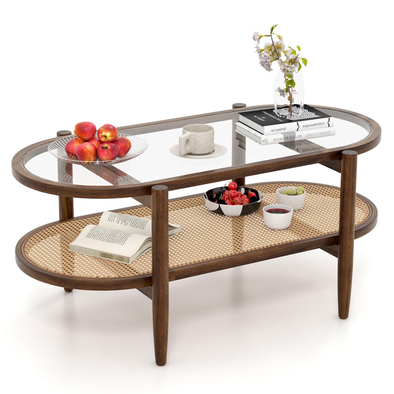 CASART Coffee Table, 2-Tier Tempered Glass Tea Table with Acacia Wood Frame & Rattan Storage Shelf, Wooden Accent Table