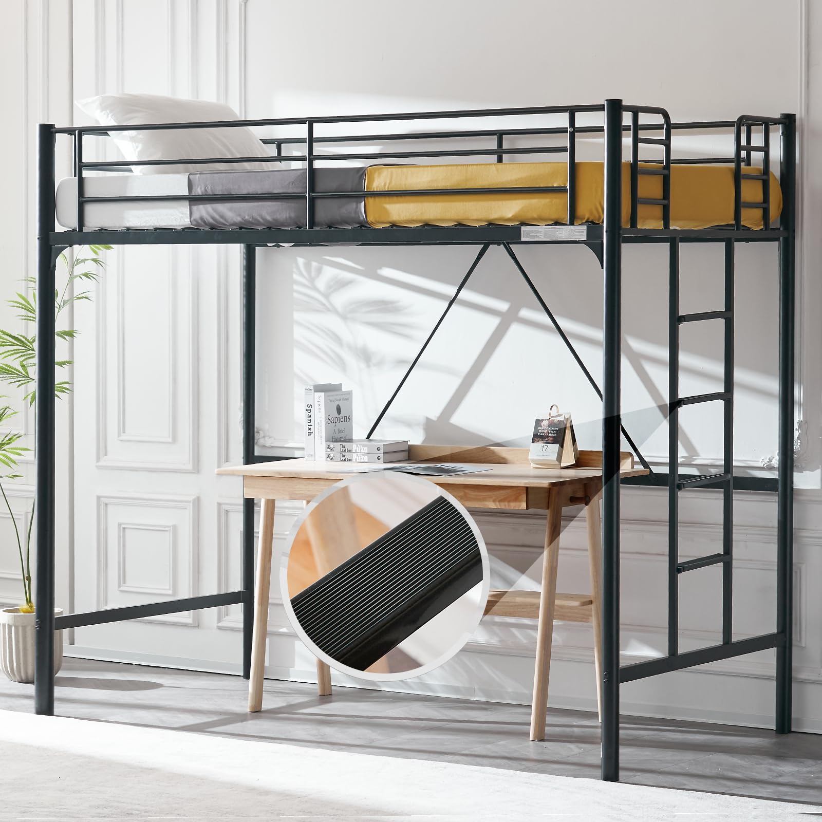 VINGLI 71 Inches Tall Loft Bed Twin Size with Flat Ladder Rung for Kids Teens Adults Heavy Duty Metal Single Bunk Bed Lo