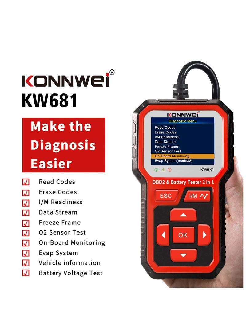 Konnwei OBD2 Scanner 6V 12V Car Battery Tester, 2 in 1 Car Diagnostic Scanner Automotive Battery Alternator Load Tester