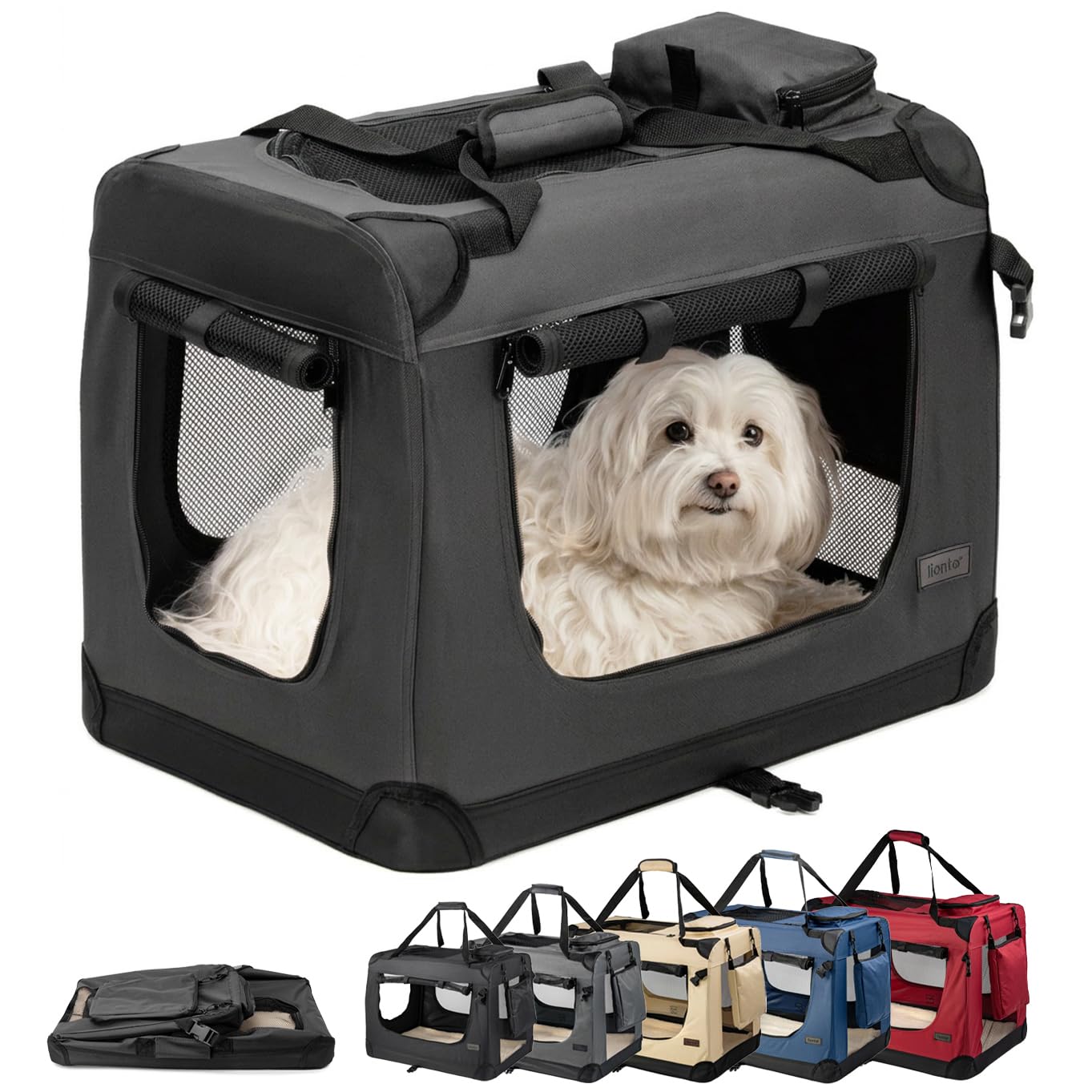 lionto Dog transport box foldable for travel & car, 60x42x44 cm, sturdy transport box with carrying handles & blanket fo