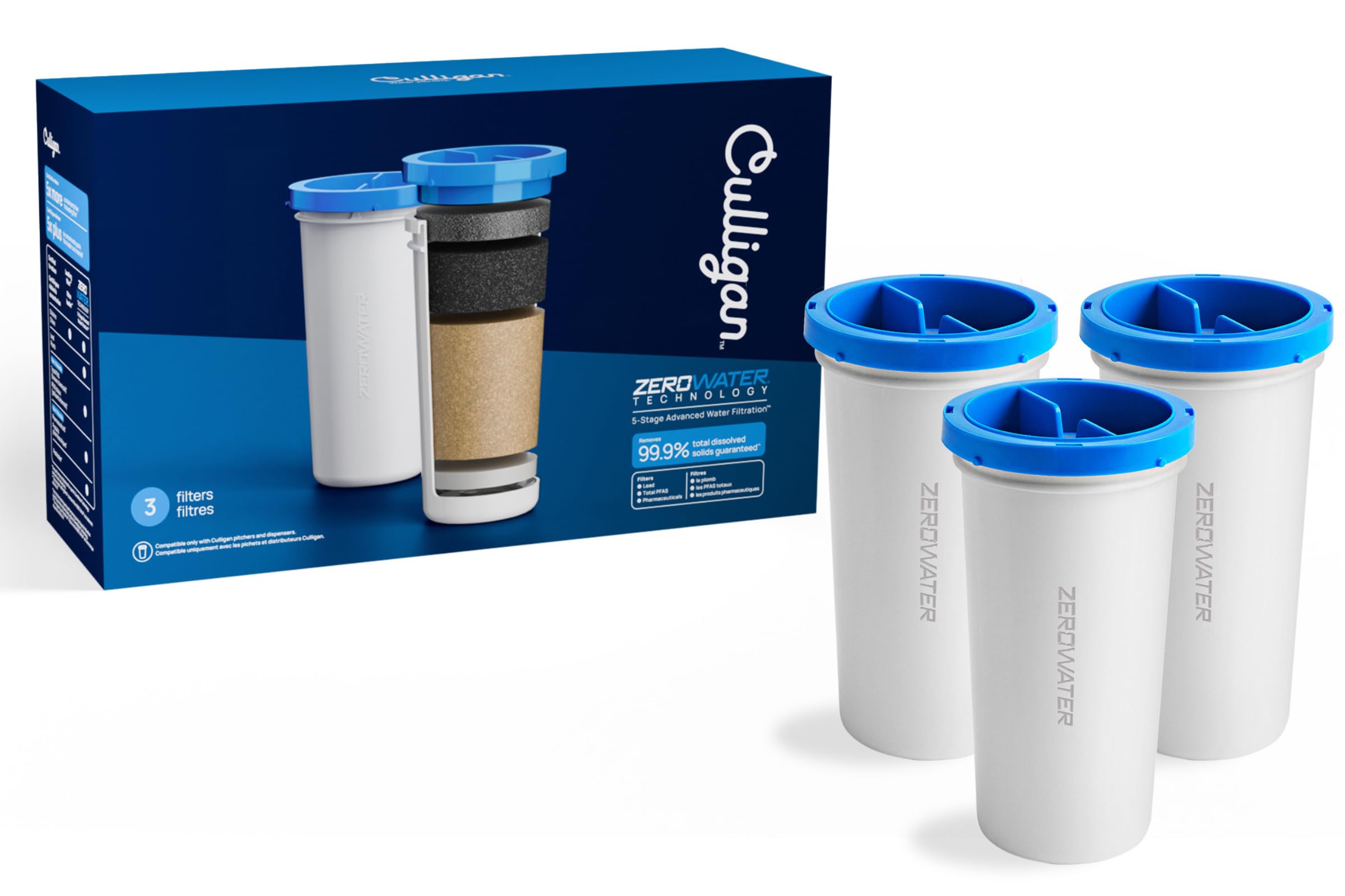 Culligan with ZeroWater Technology Replacement Filter 3-Pack, 5-Stage Advanced Water Filter – IAPMO Certified to Reduce