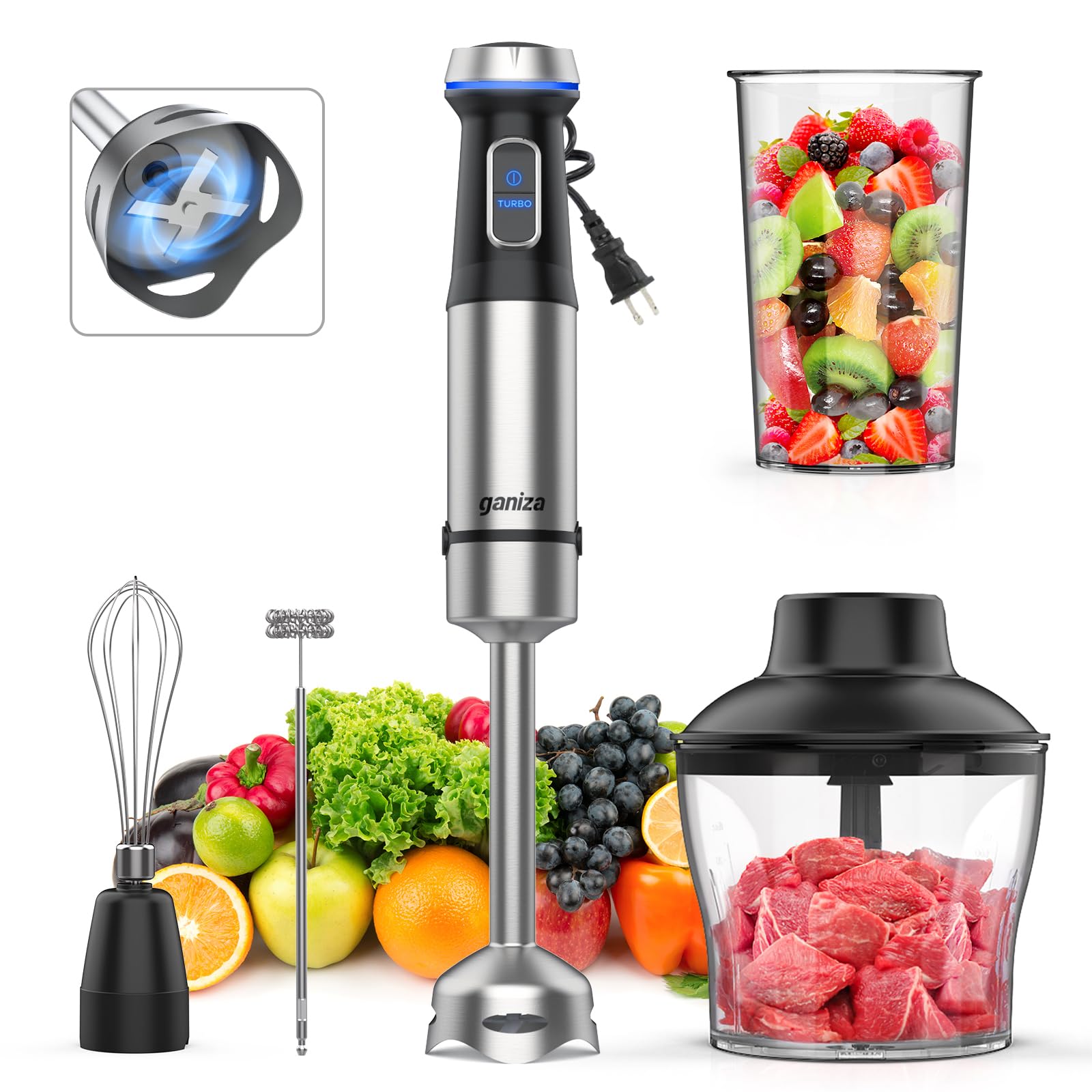 Ganiza Immersion Blender 5 in 1 Hand Blender Max 1000W Heavy Duty Motor, 16 Speed Mode Handheld Blender Stainless Steel