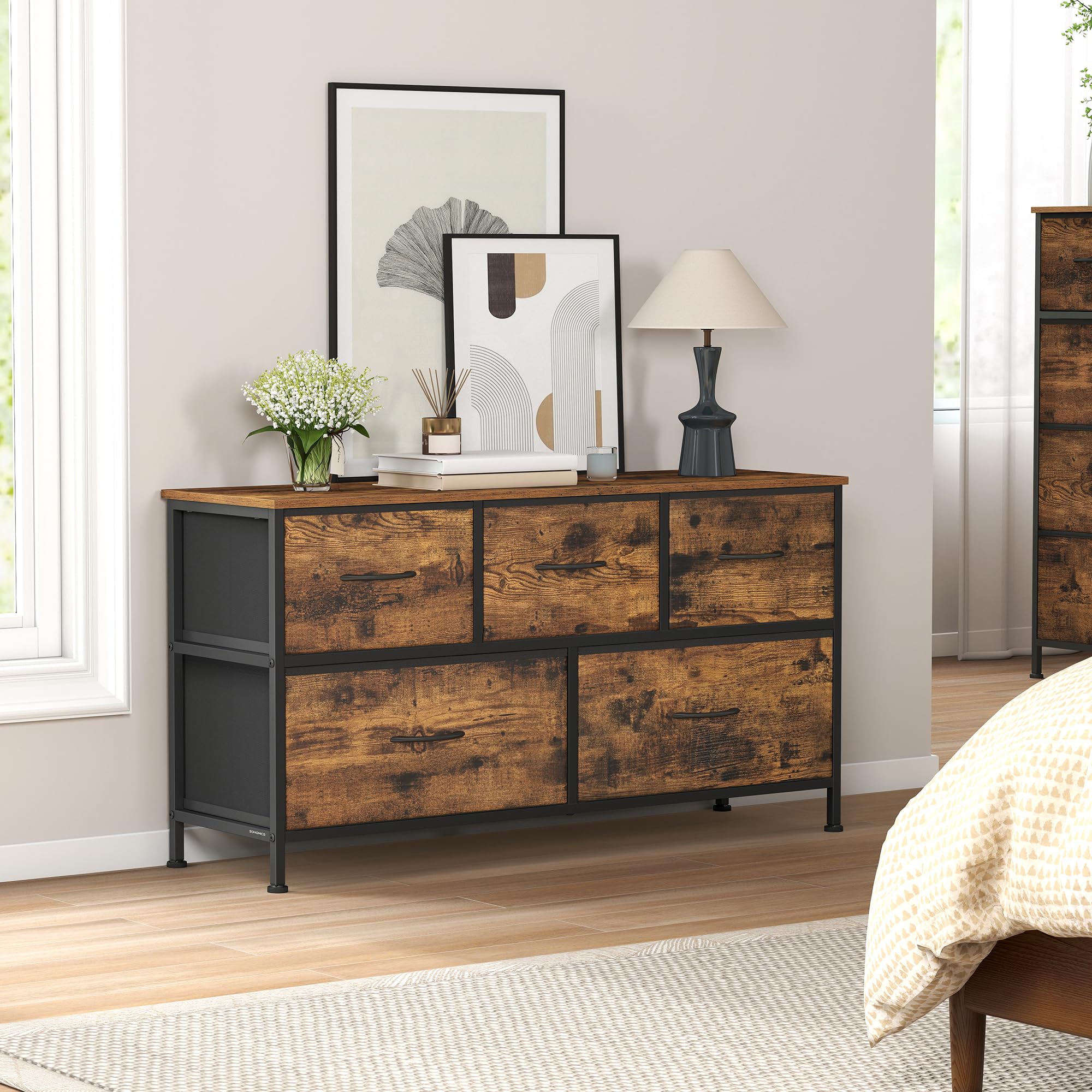 SONGMICS Chest of Drawers, Storage Unit, Steel, for Bedroom, Closet, Hallway, Living Room, 5 Drawers, Industrial, Rustic