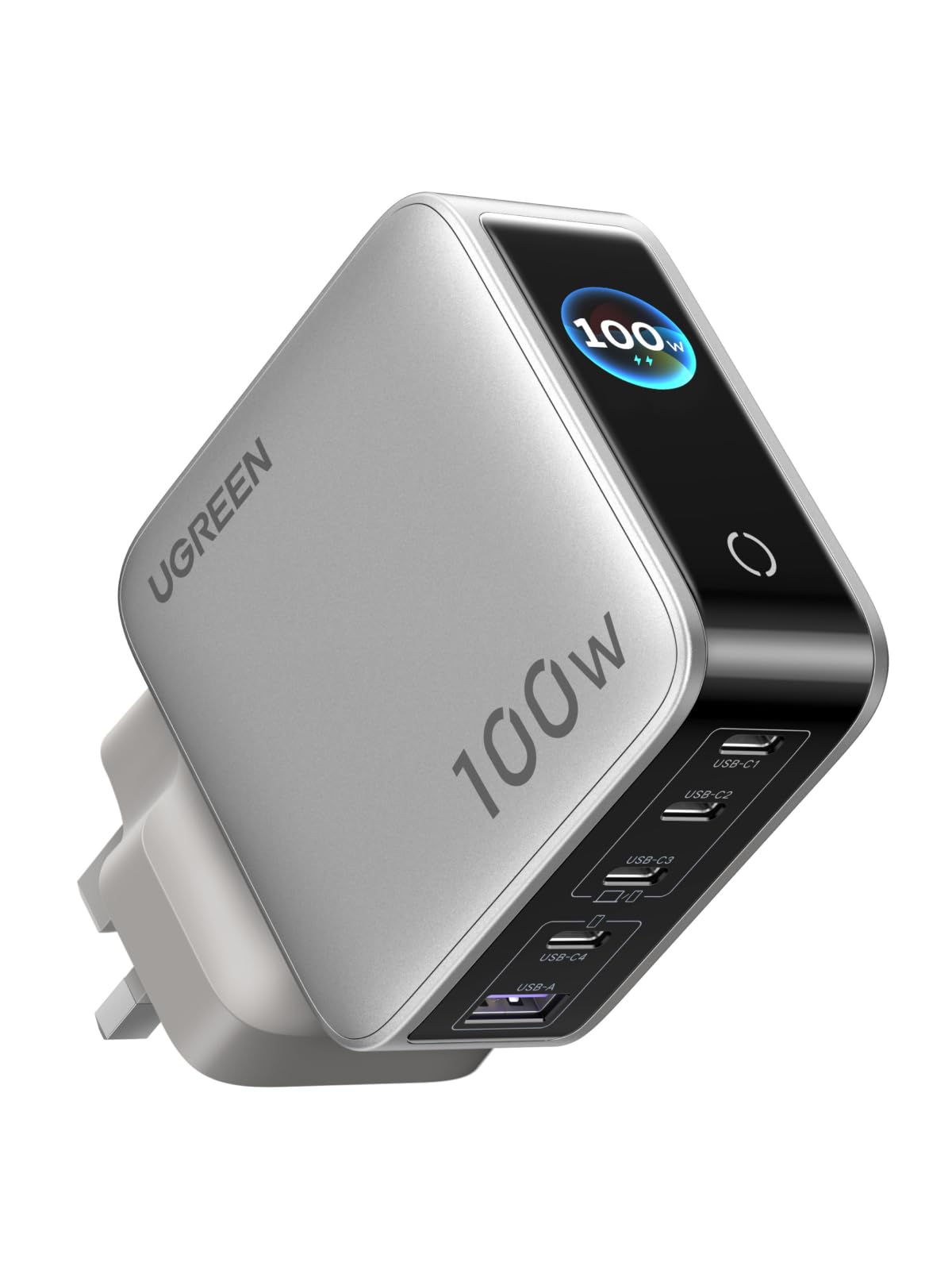 شاحن يوجرين بقوة 100 واط بمنفذ تايب سي مع شاشة ذكية، مزود بـUSB-A و USB-C، شواحن راس متنقل بتقنية GaN،الشاحن ايفون، متوا
