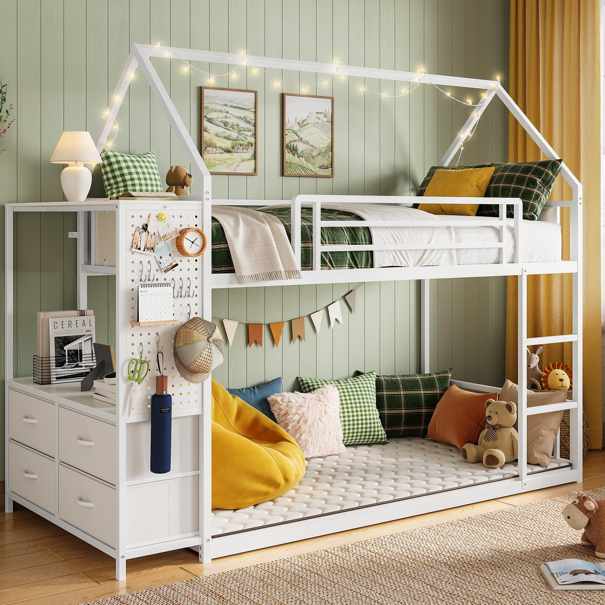 LIKIMIO Bunk Bed Twin Over Twin, House Bed Frame with 6 Storage Drawers,Hall Tree, Twin Bed with Met