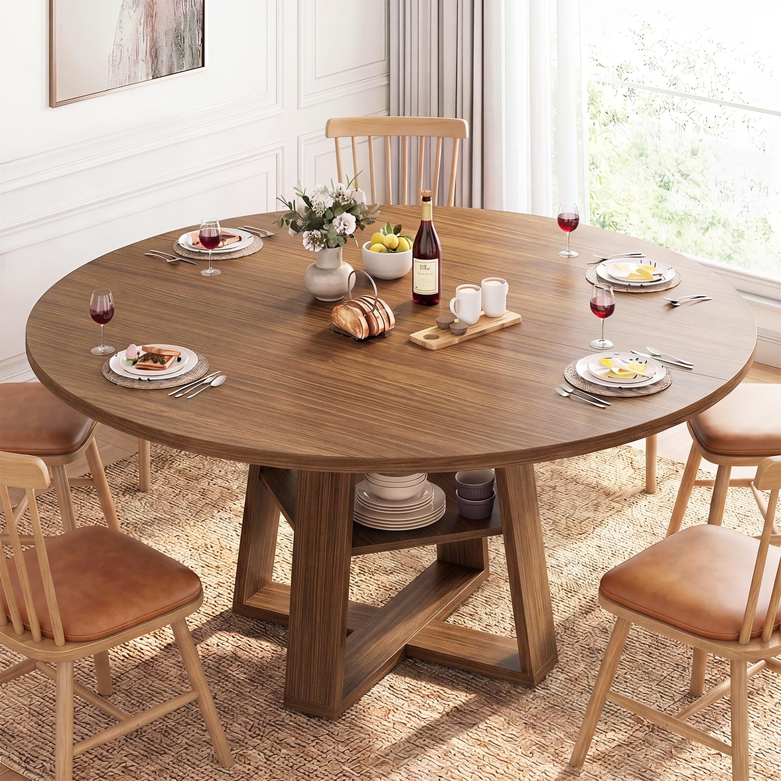 DUMOS Extendable Round Dining Table for 4-6, Modern Kitchen Oval Dinner Table with Storage Shelf, Wo