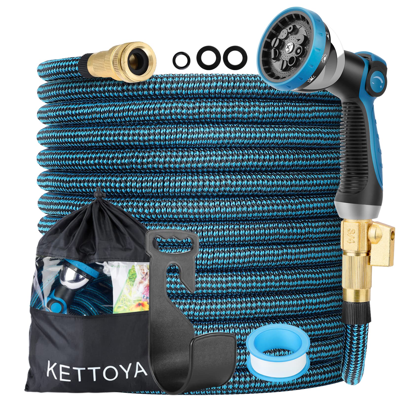 KETTOYA 100FT Expandable Garden Hose, Flexible Water Hose with 10-Pattern Spray Nozzle, Leak-Proof Retractable Heavy Dut