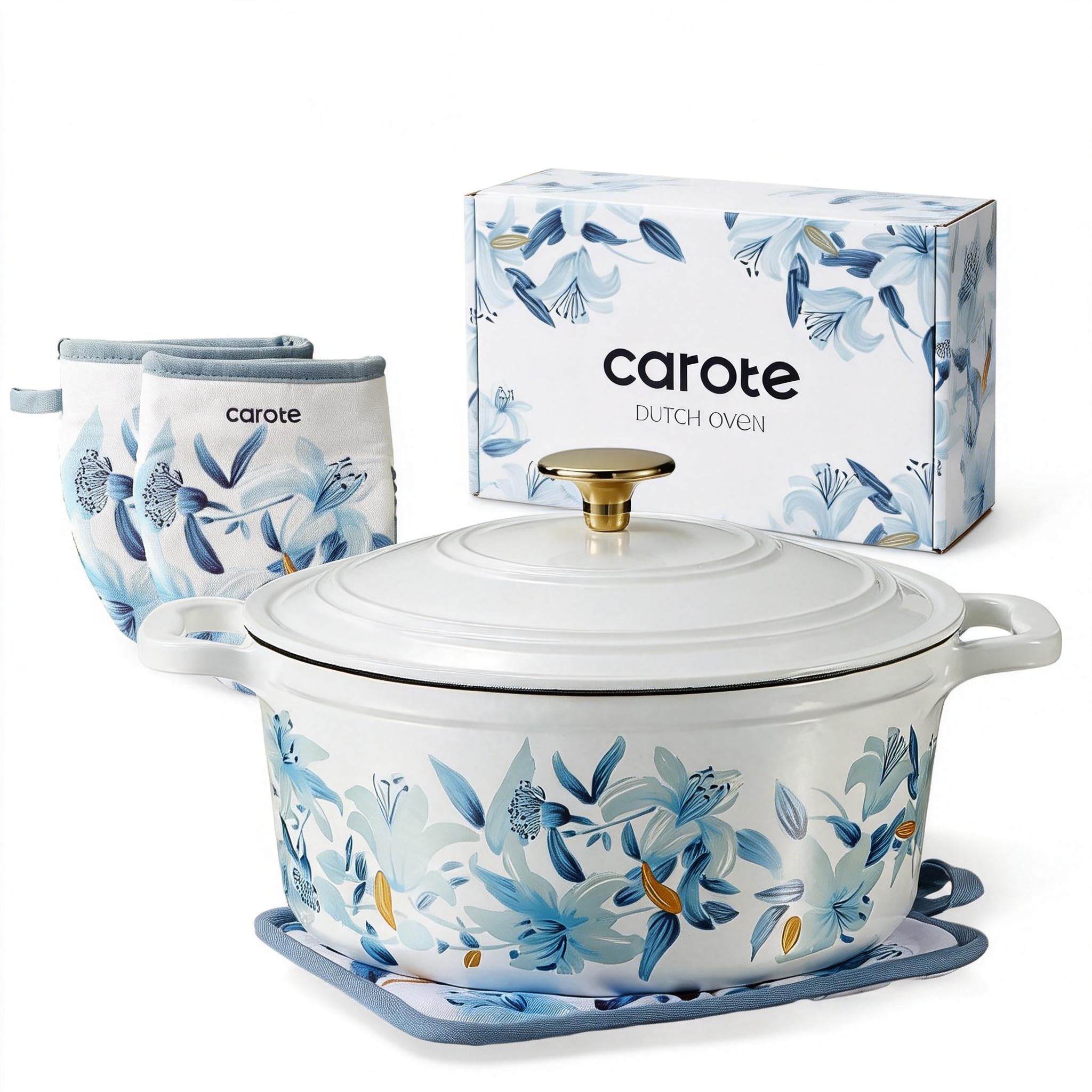 CAROTE 5 QT Cast Iron Dutch Oven Pot with Lid, Enameled Floral Dutch Ovens with Cotton Potholders & Oven Gloves, Gift Bo