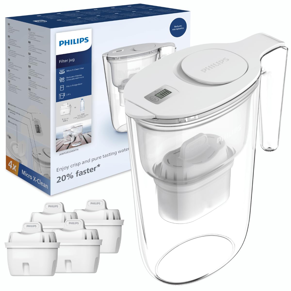 Philips Water Filter Jug +4 Taste+ Replacement Filter Cartridges, Fast flow, White, 2.6 litres, Electronic timer, Packag