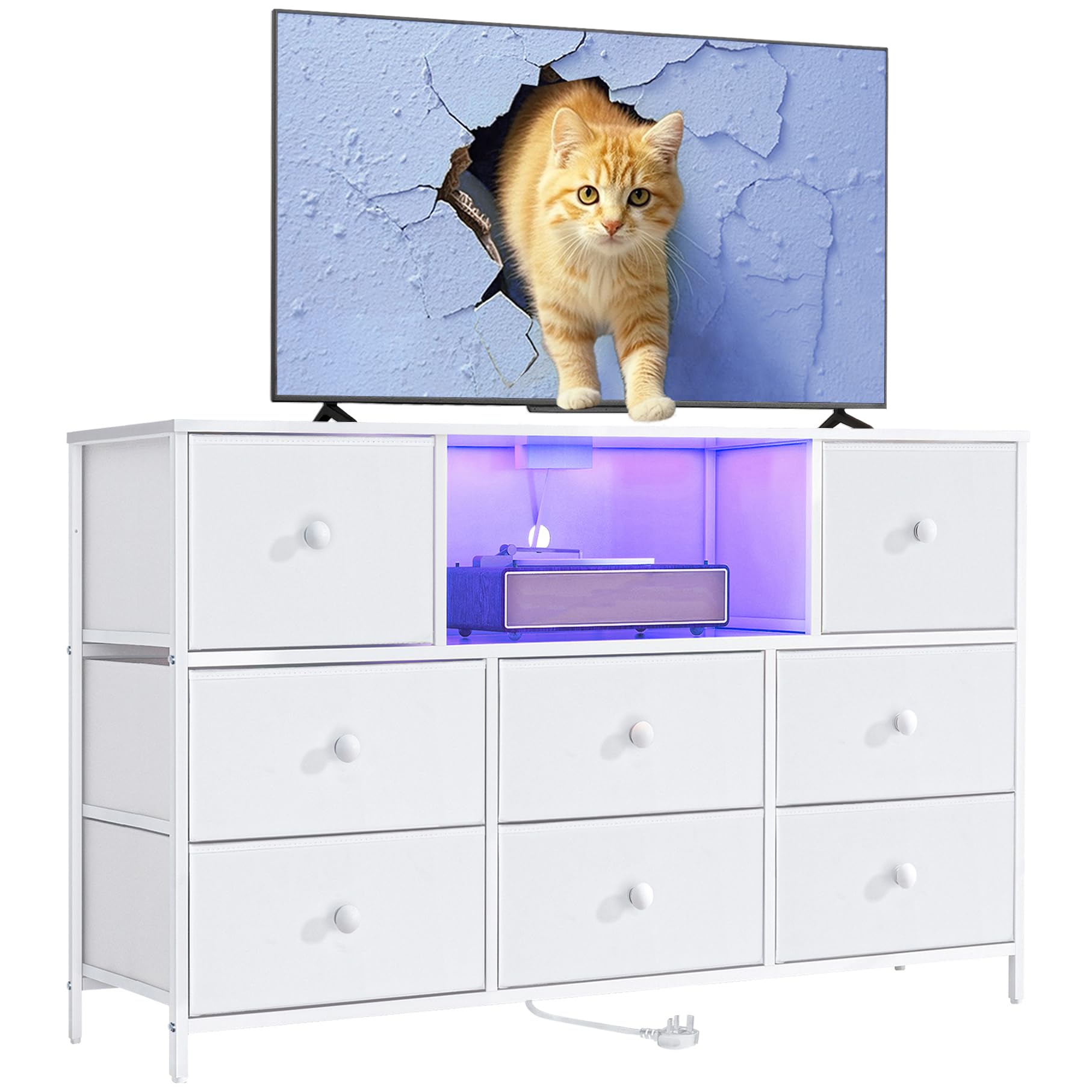 LYNCOHOME White Dresser with Power Outlets and LED Lights, Dresser TV Stand 45