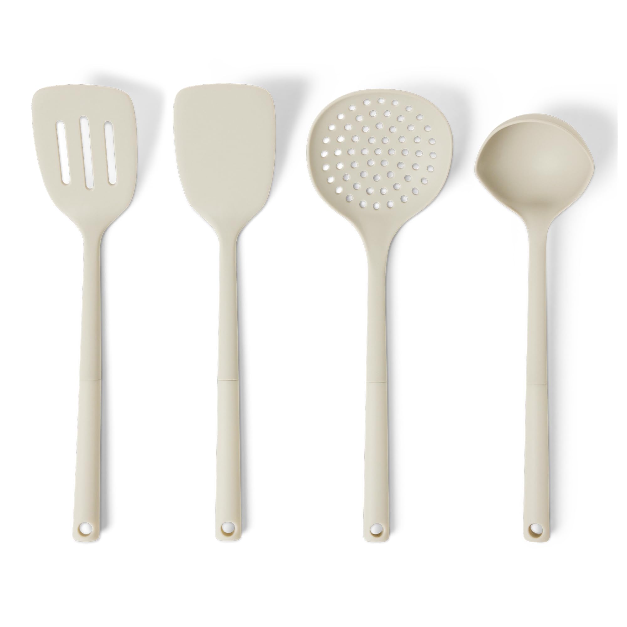 Amazon Basics Silicone Cooking Spoon and Ladle Set, 4-Piece Set, Soft Grip Handle, BPA-Free, Dishwasher-Safe, Linen Gray