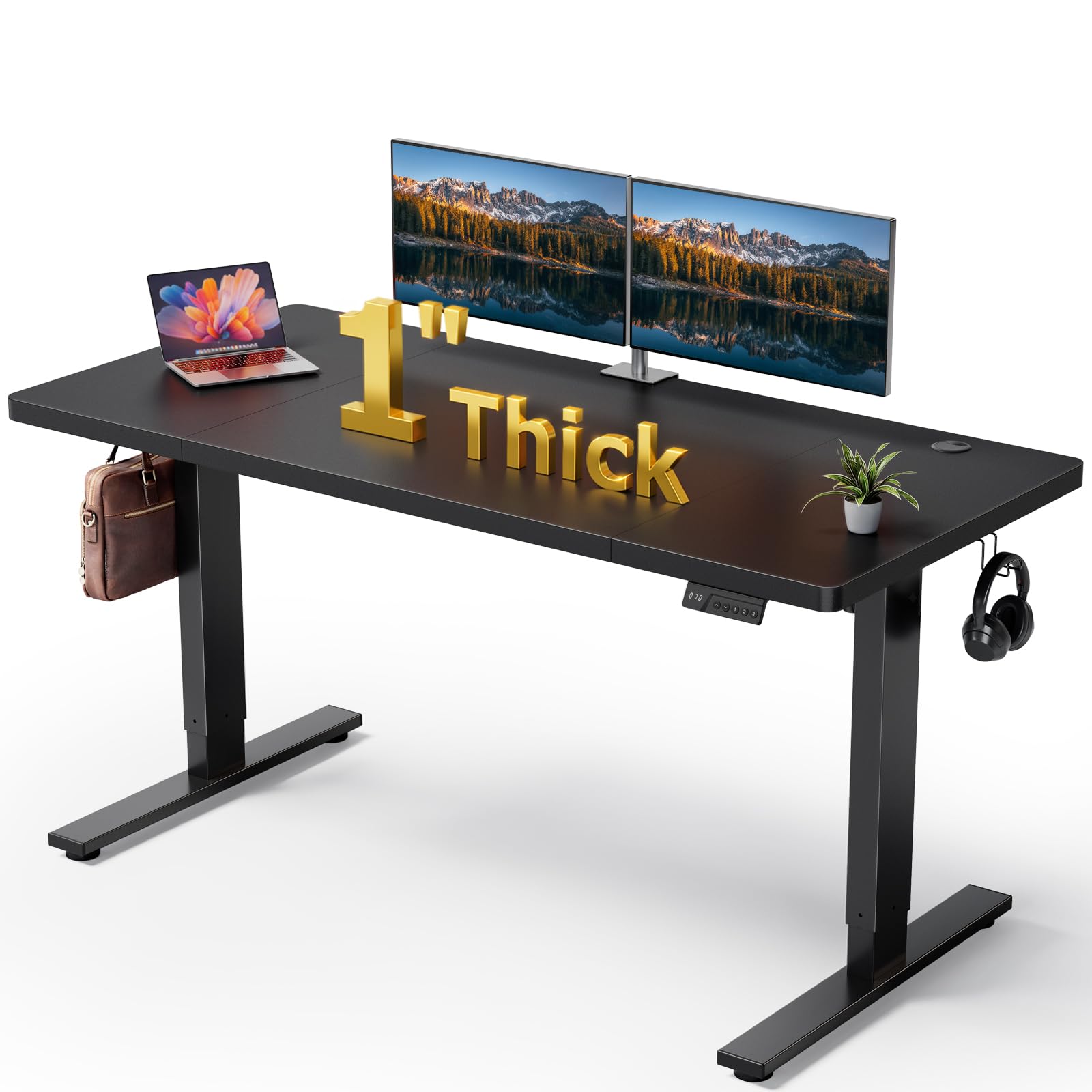 Electric Standing Desk Adjustable - 60x28 Inch Sit Stand Desk with 1 Inch Thick Tabletop, Double Bea