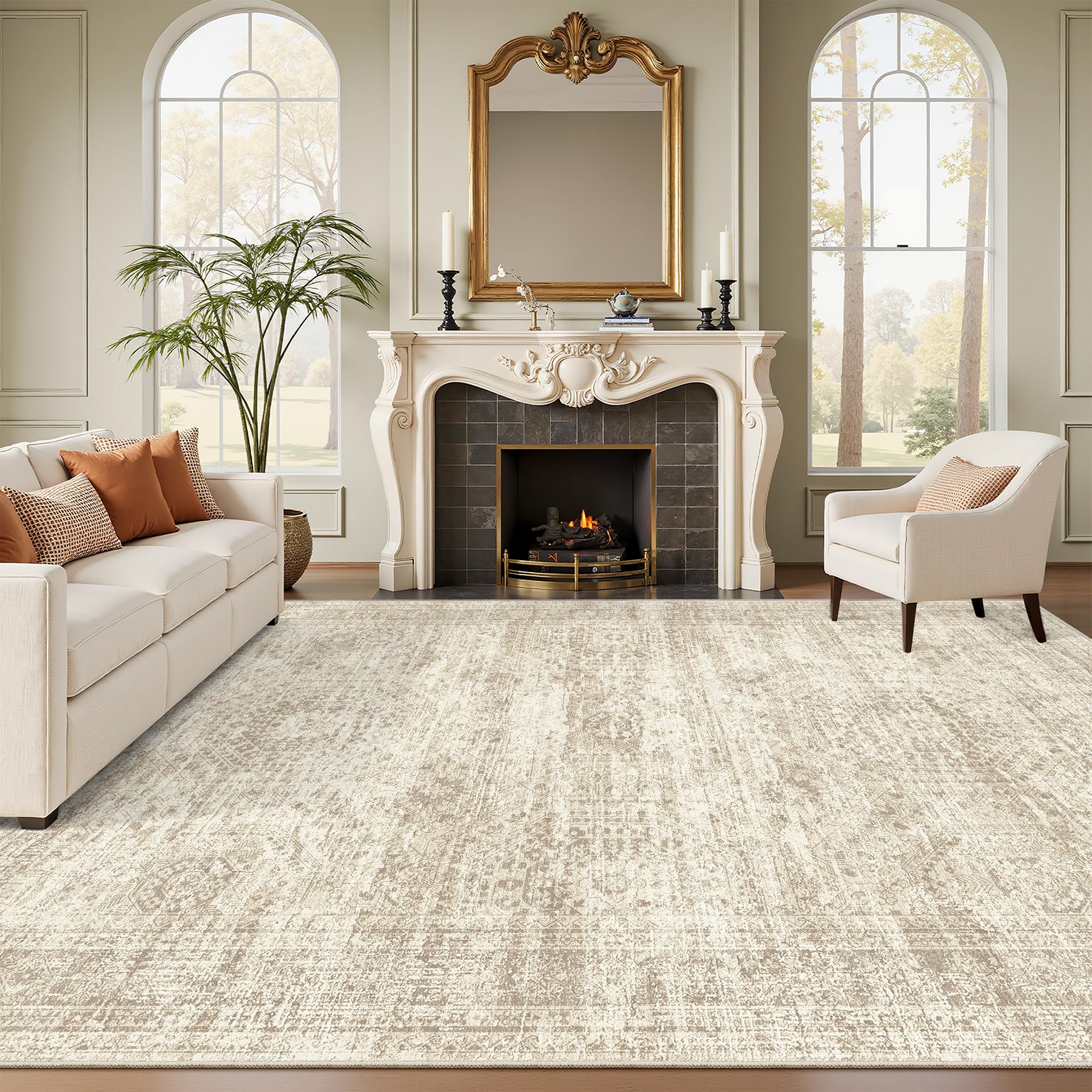 Soalmost Washable Area Rug 8x10, Large Soft Rugs for Living Room Vintage Beige Carpet 8x10 Area Rugs