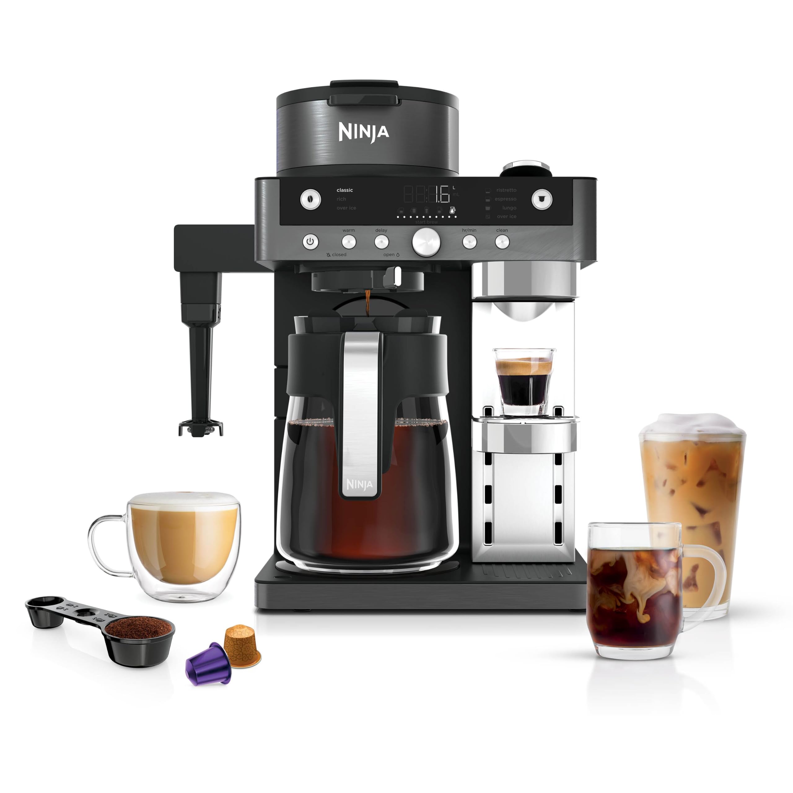 Ninja Prestige 2-in-1 Filter Coffee and Pod Capsule Machine with Built-in Milk Frother, Make Lattes, Iced Coffee and Fla
