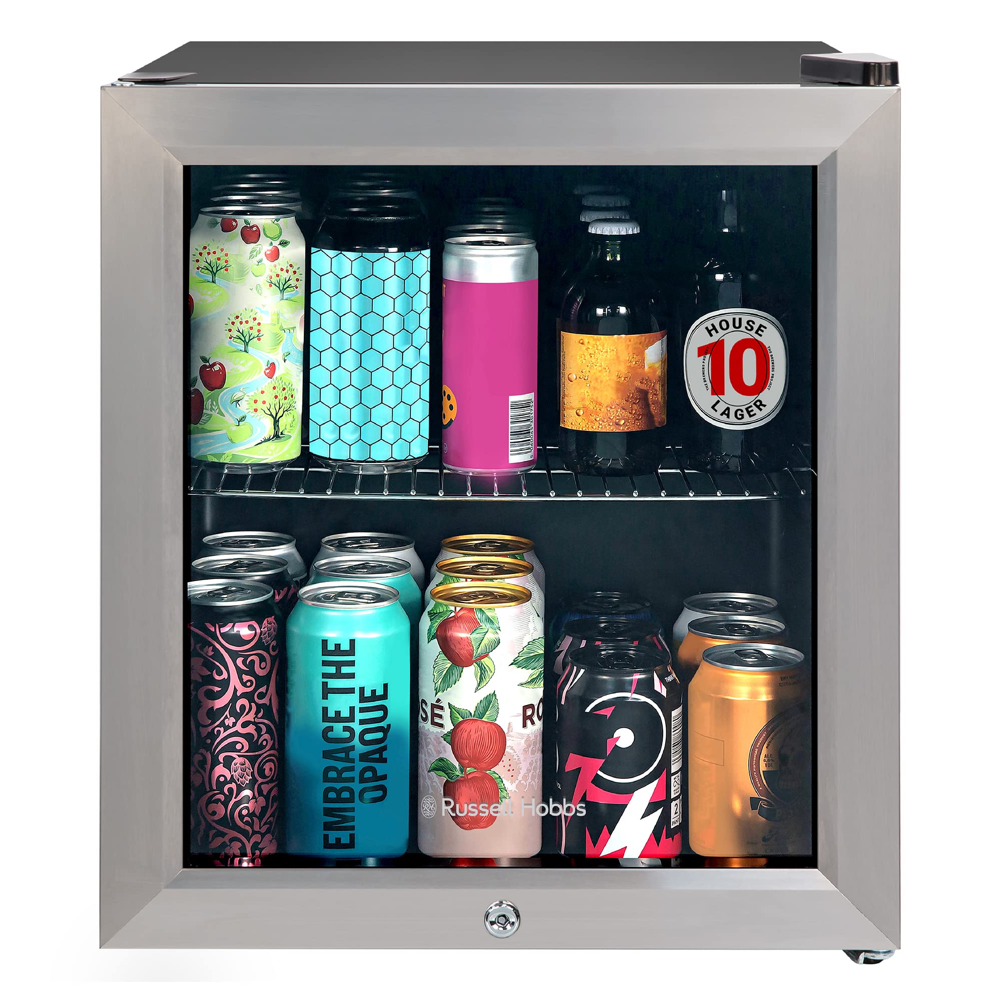 Russell Hobbs Mini Fridge 12 Bottle/46L Lockable Freestanding Stainless Steel Table Top Mini Beer & Wine Fridge, Lock an