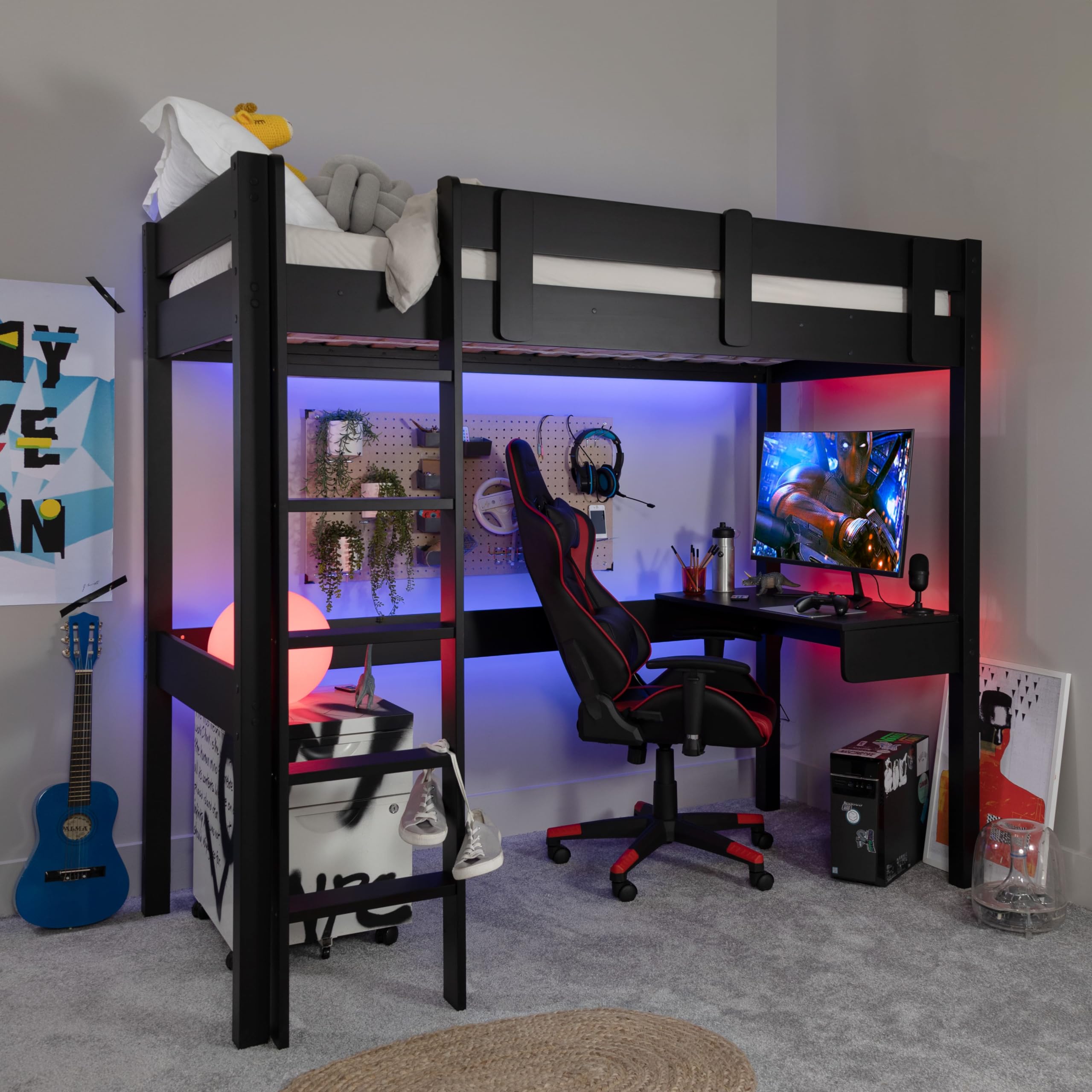 Noa and Nani Storm Gaming High Sleeper Cabin Bed | Solid Pine Single 3ft Loft Bed with Desk and Gaming Area | Space Savi
