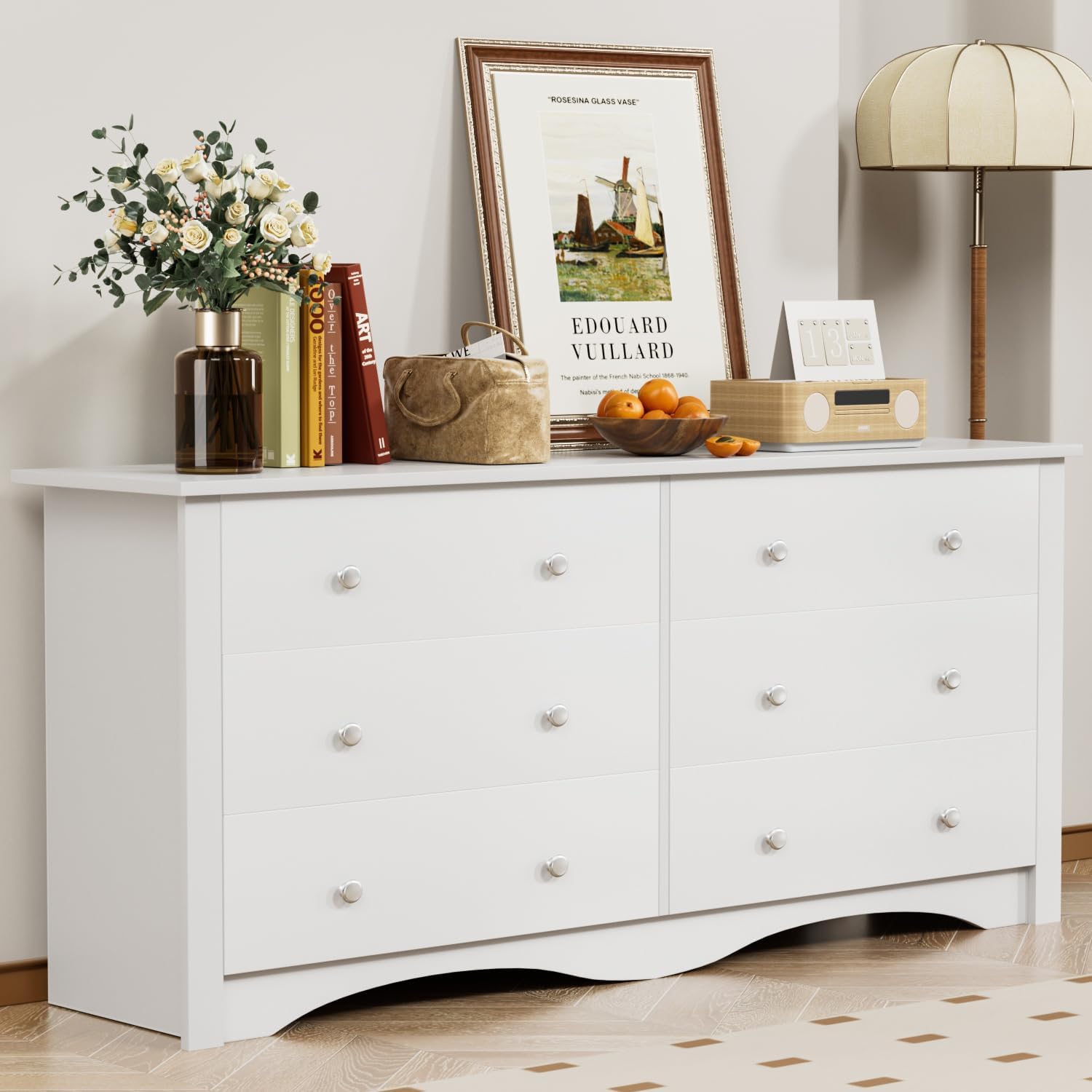 YESHOMY White Wood Dresser with 6 Drawer, 47.2‘’ Cabinets Dressers Wood Dresser Cabinet, Organizer D
