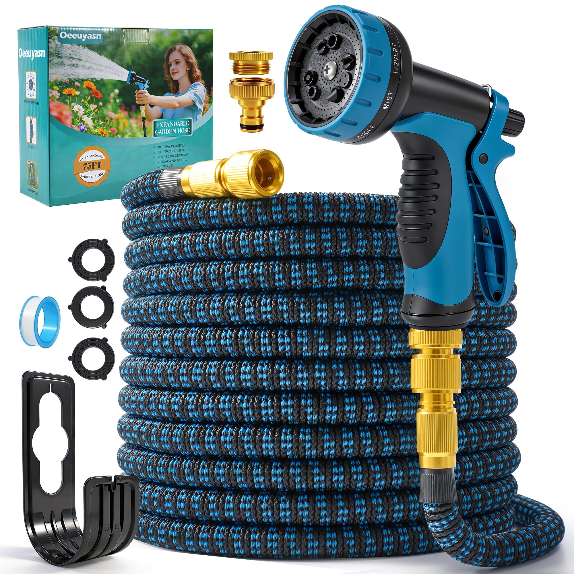 Expandable Garden Hose Pipe 75FT with 10-Pattern Spray Nozzle, 3/4"& 1/2" Alloy Fittings, Retractabl