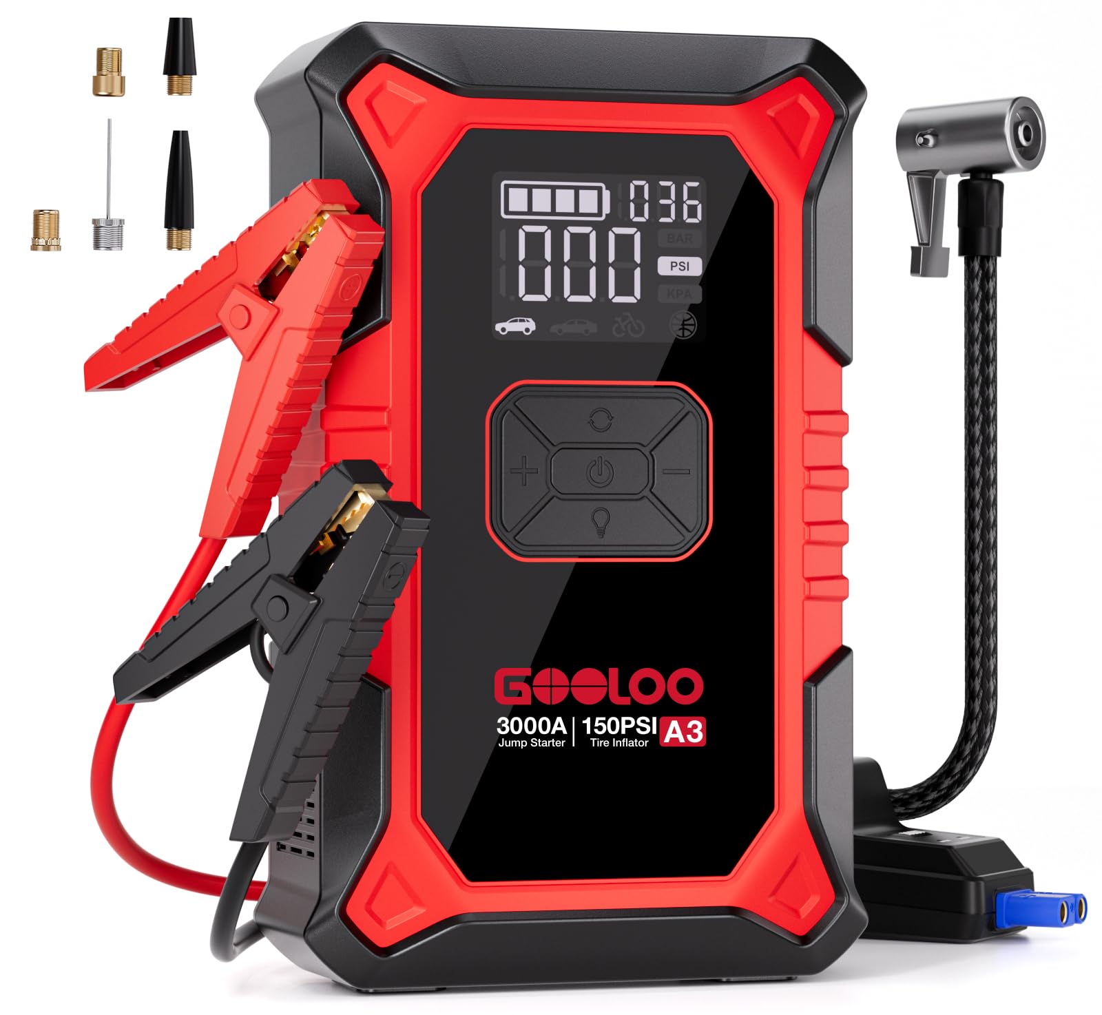 GOOLOO A3 Jump Starter with Air Compressor, 3000A Portable Car Battery Booster (9.0 Gas/6.5L Diesel) with 150PSI Auto-Sh