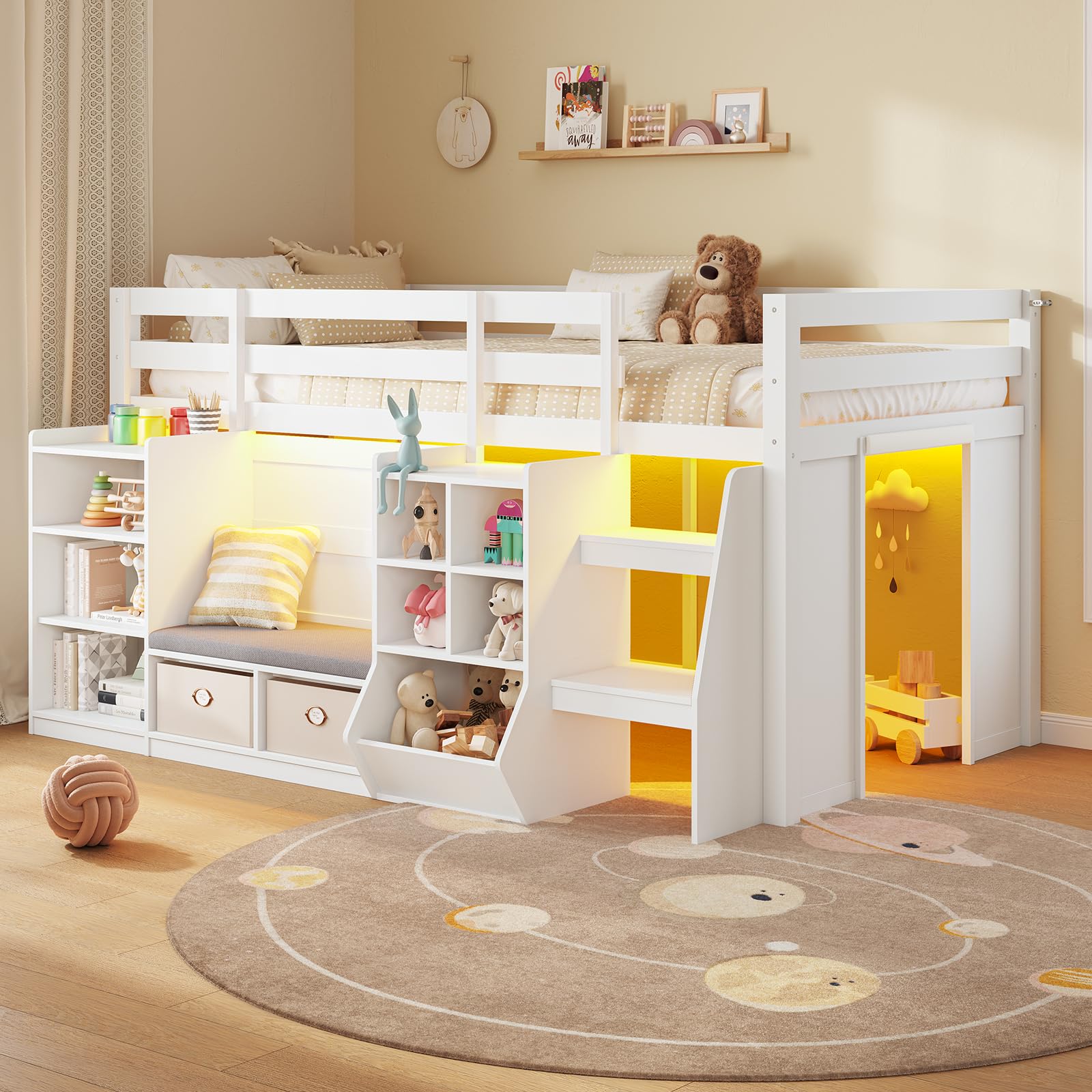 Low Loft Bed Twin Size with LED Lights, Wooden Kids Twin Loft Bed with Storage Bookcase, Toy Box, Re