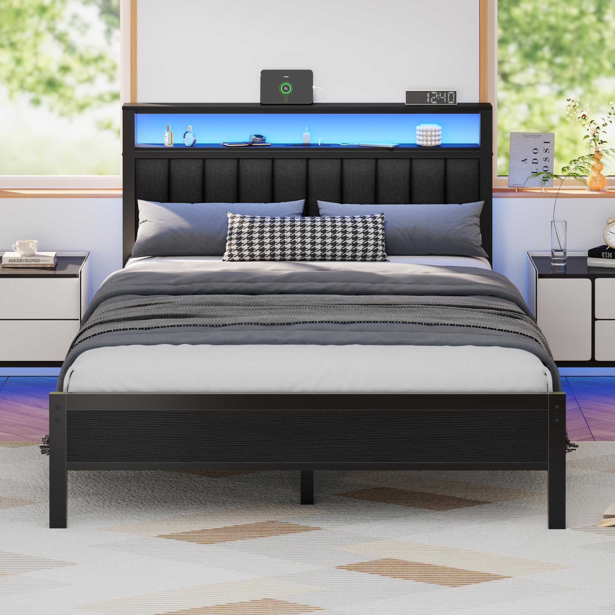 Furnulem Queen Size Bed Frame with Charging Station and LED Lights, Platform Bed with Metal Slats, Grey Upholstered Head