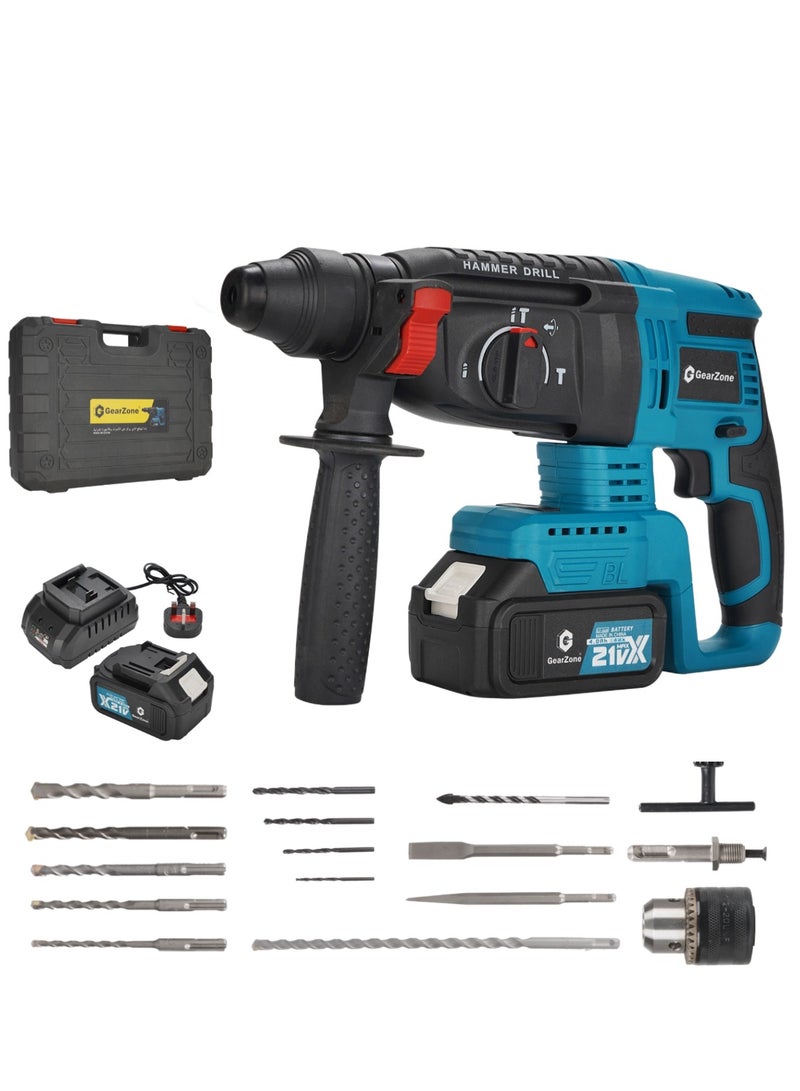 GearZone Cordless Electric Hammer Drill, 21V High Power, With 17pcs Accessories Bit Set, for Concrete & Wood Drilling, W
