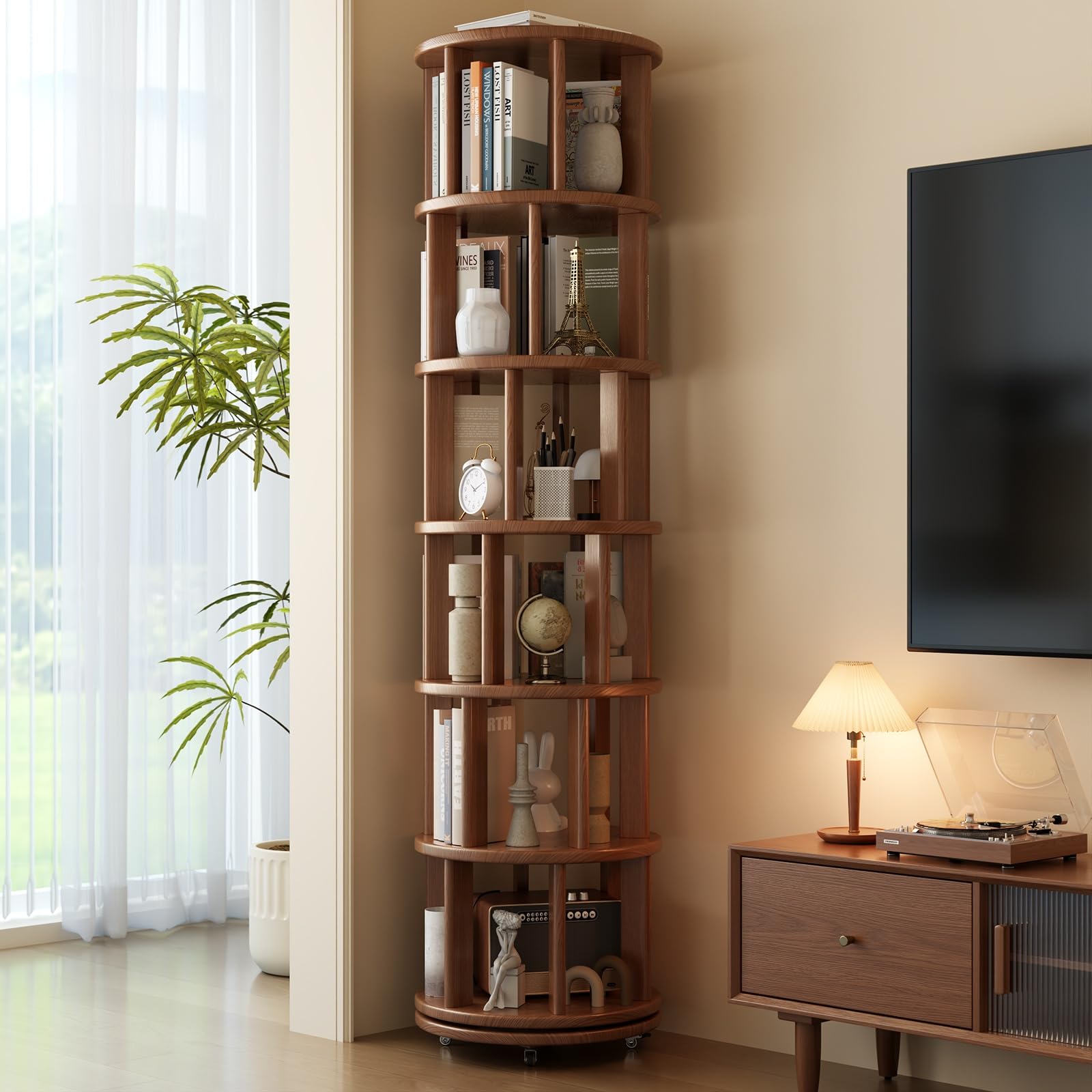 Muwuele 6 Tier Rotating Bookshelf Tower, Solid Wood Bookshelf on Wheels, Circular Book Shelf Rotating, Revolving Bookcas