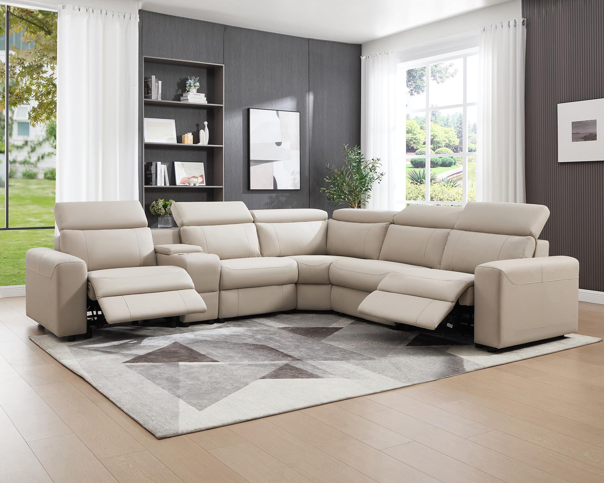 AMERLIFE Power Recliner Sectional Sofa with Storage/USB Port, Leather Recliner Sofa with Adjustable Headrest, Reclining