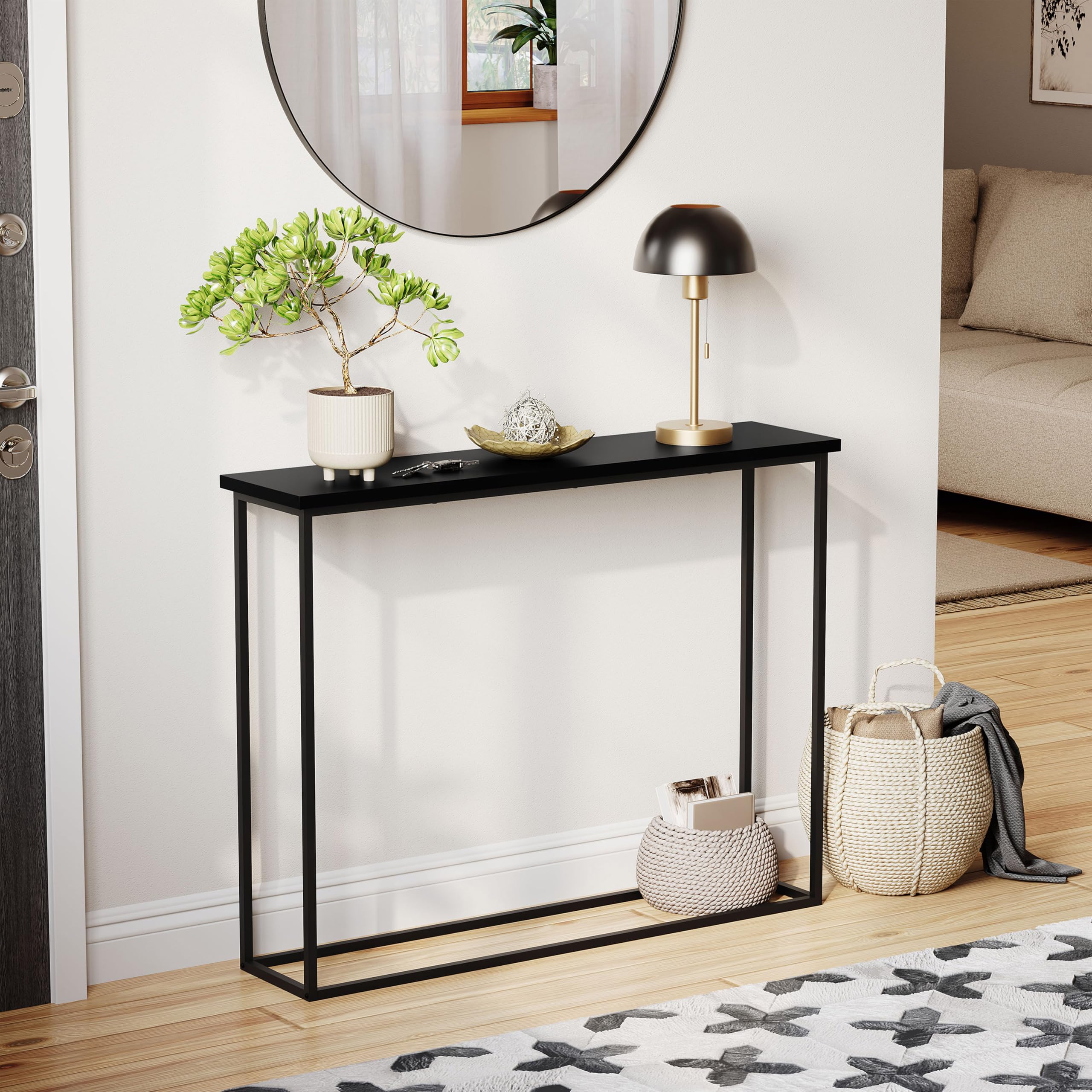 Vida Designs Narrow Console Table 100cm | Slim Hallway Table for Small Spaces | Industrial Metal Frame & Wood Effect Top