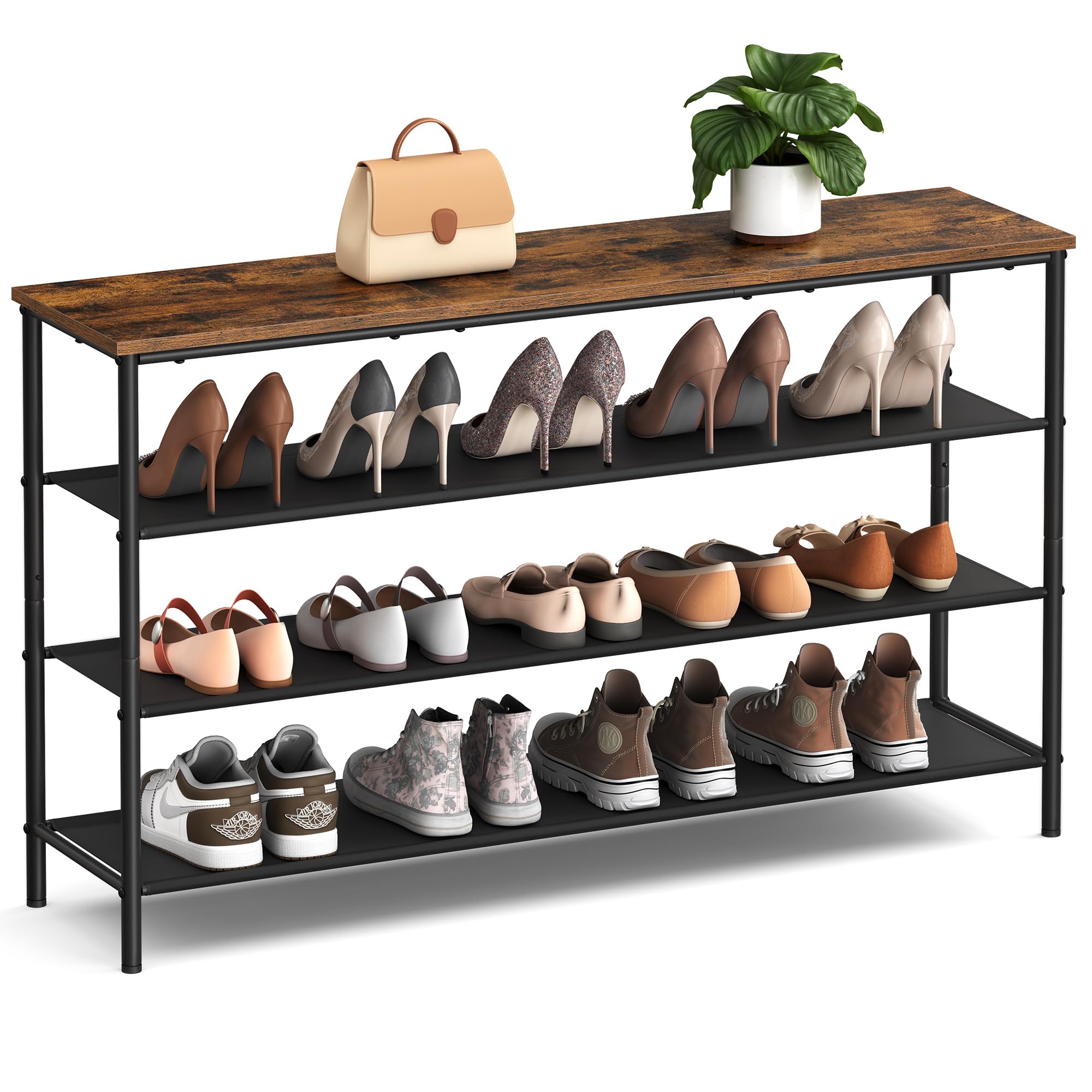 VASAGLE Shoe Rack 4 Tier, Narrow Shoe Storage Organiser for Wardrobe Hallway, with 3 Fabric Shelves and Top for Bags, Sh