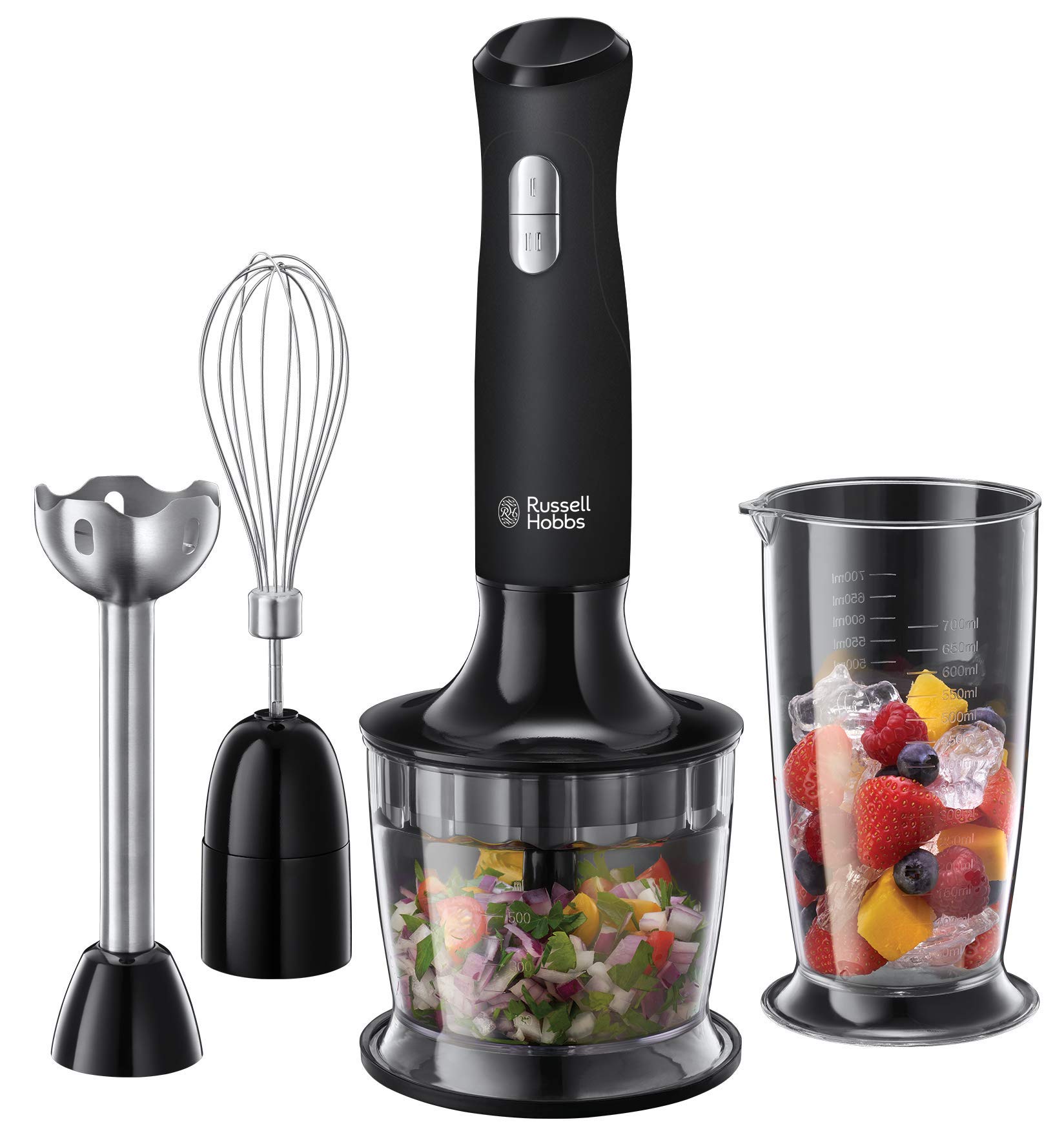 Russell Hobbs Desire 3 in 1 Electric Hand Blender, Fruit & Veg Mini Chopper & Whisk attachment, Stainless steel blending