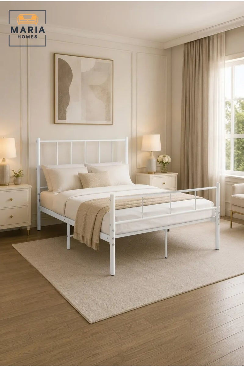 MARIA HOMES Modern White Metal Bed Frame 120×190 cm – Platform Bed with Steel Slat Support and Headboard