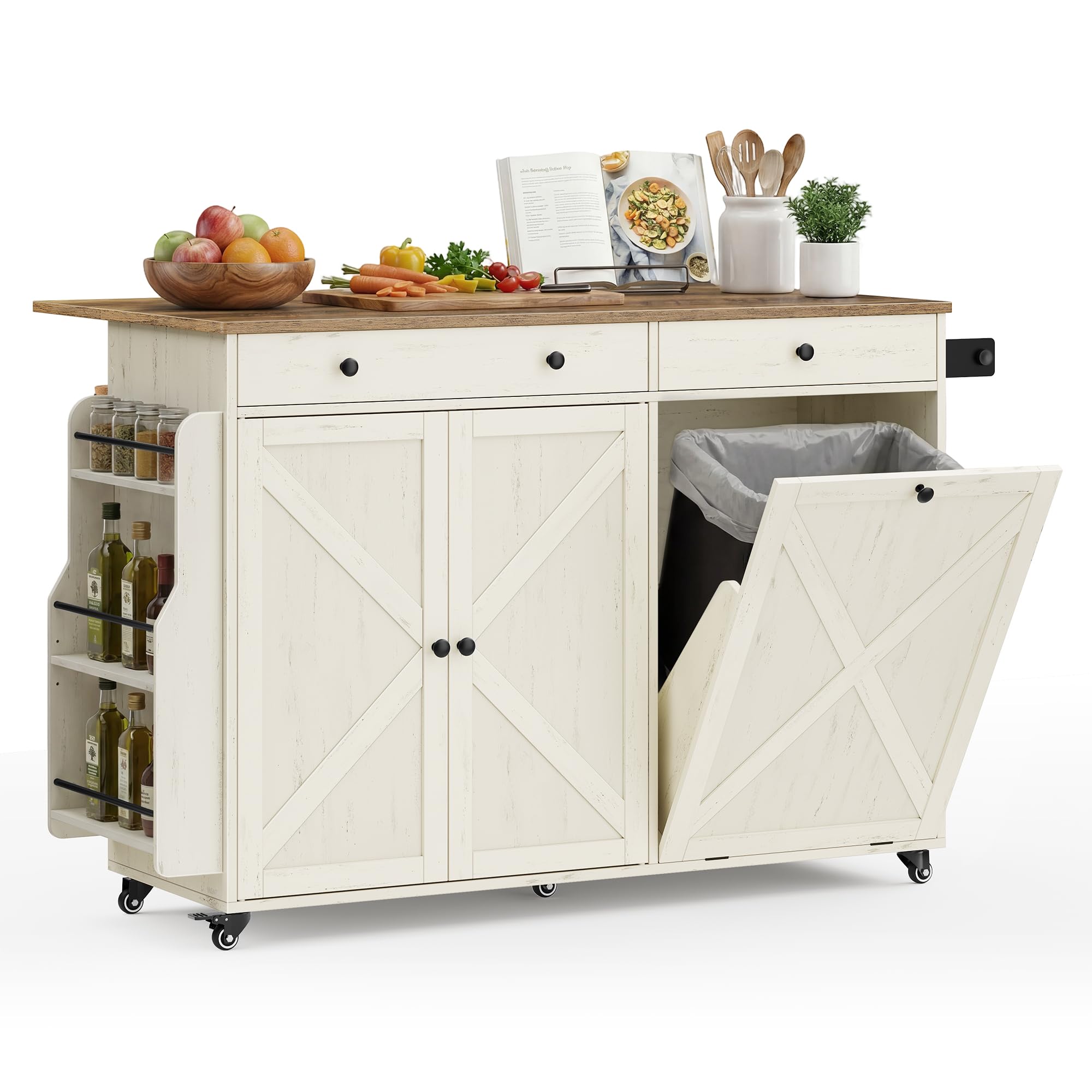 VASAGLE Mobile Kitchen Island with Trash Can Storage, Drop Leaf, Portable Island with Spice Rack, Mo