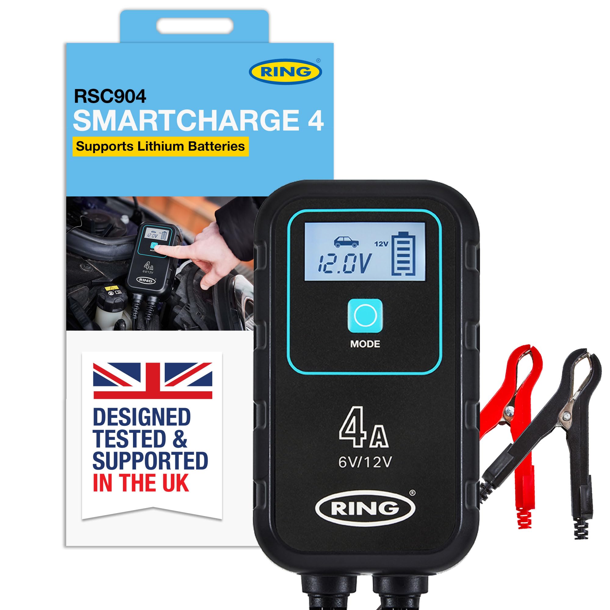 RING SMARTCHARGE 4A Car Charger & Maintainer With Crocodile Clips & Built-In Hanging Hook - Compatible With Lithium Ion,