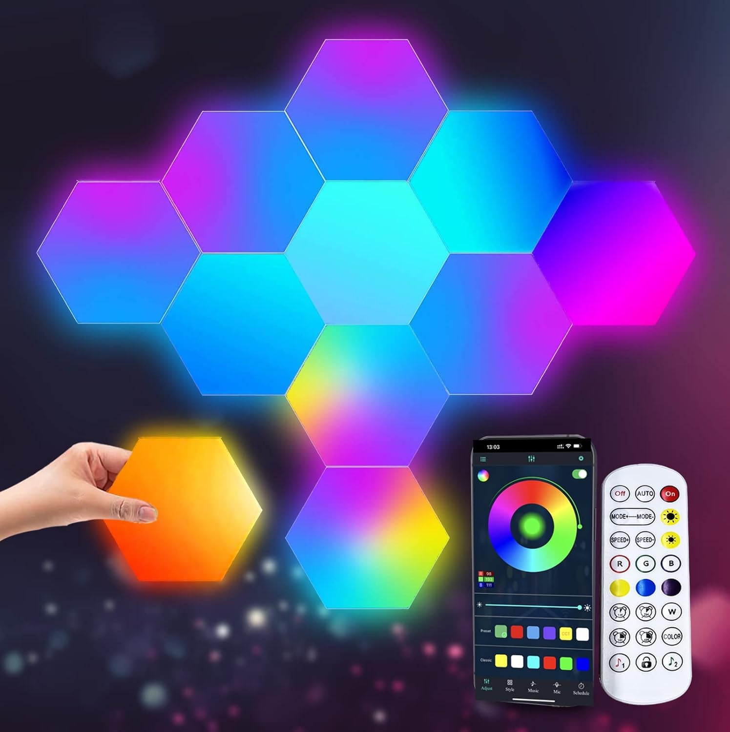 6 قطع من مصابيح الحائط LED سداسية الشكل مع جهاز تحكم عن بعد اكس فيرجن سمارت ار جي بي، تصميم معياري يمكنك تركيبه بنفسك لا
